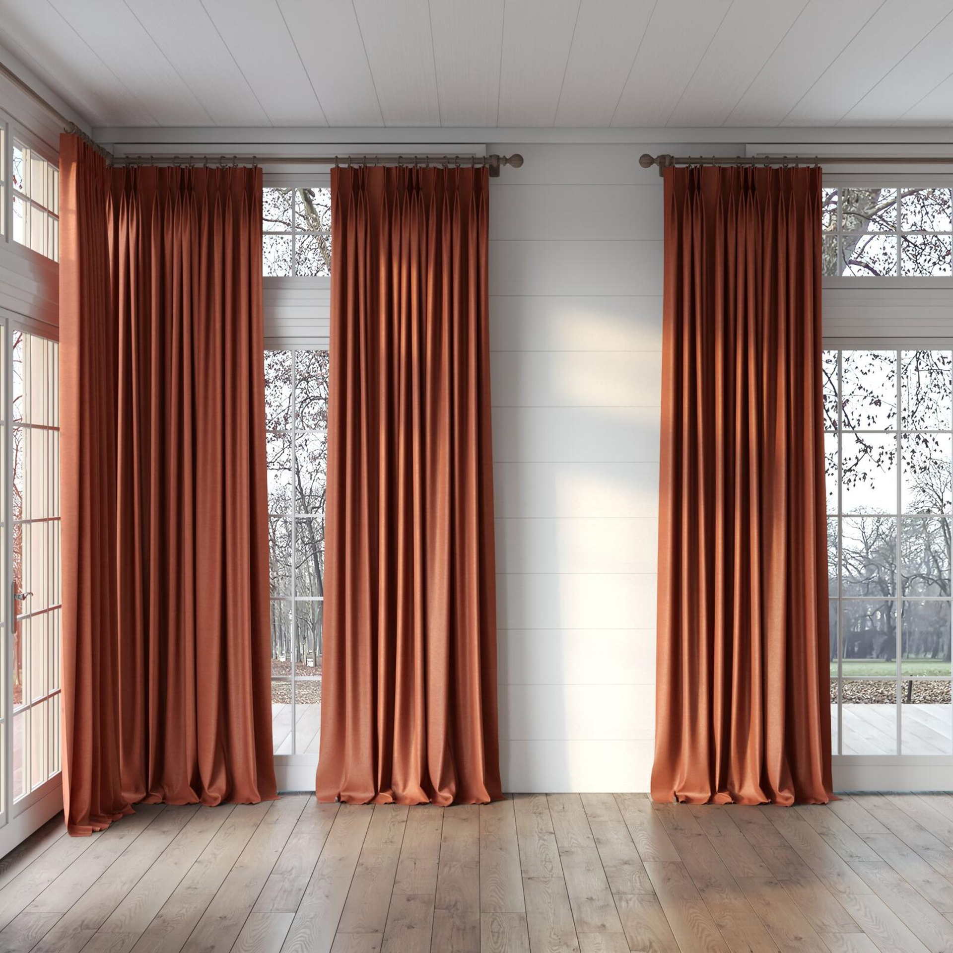 Full view of Drama Chutney, puddled, on curtain rod
