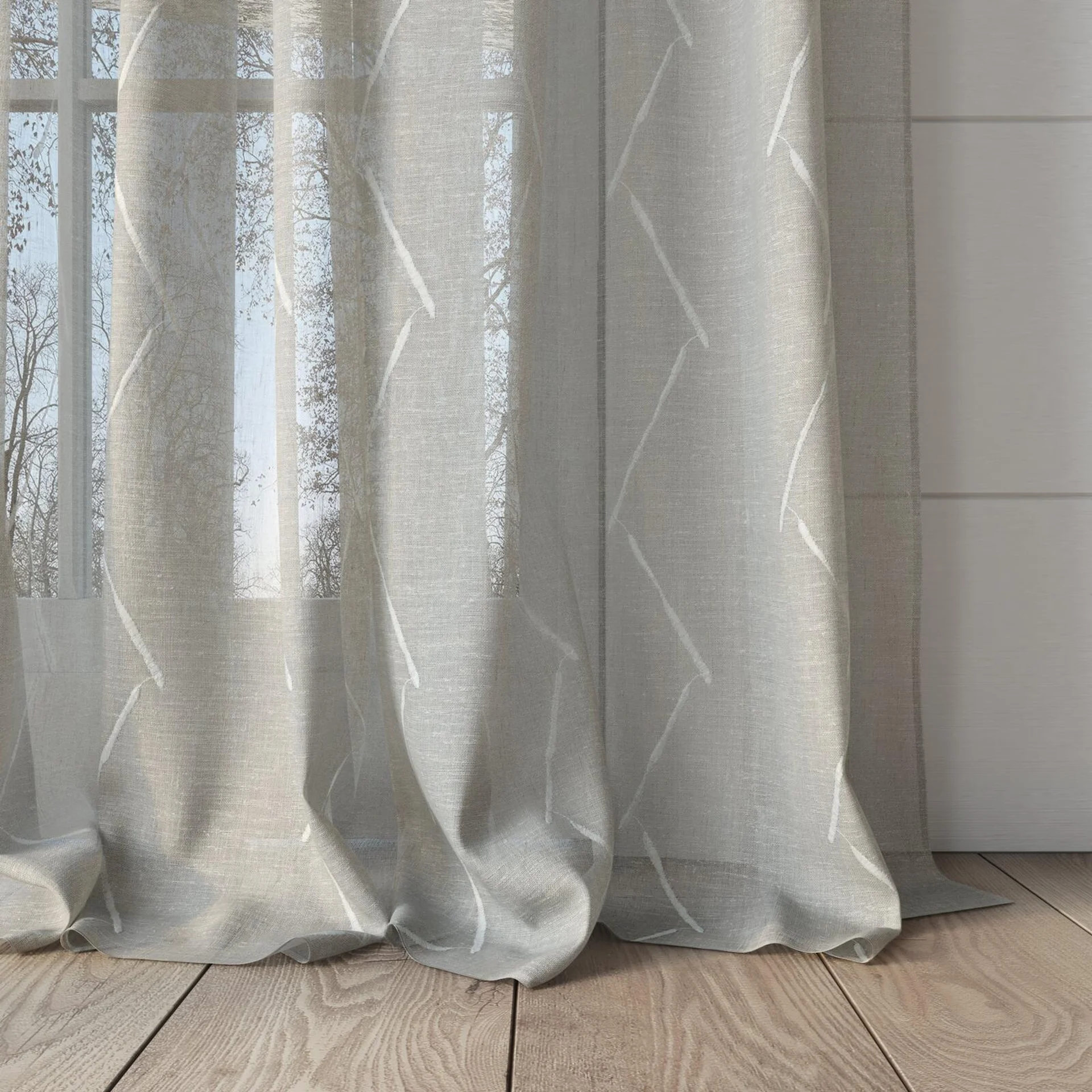 Bottom view of Freemans Birch, puddled, on curtain rod