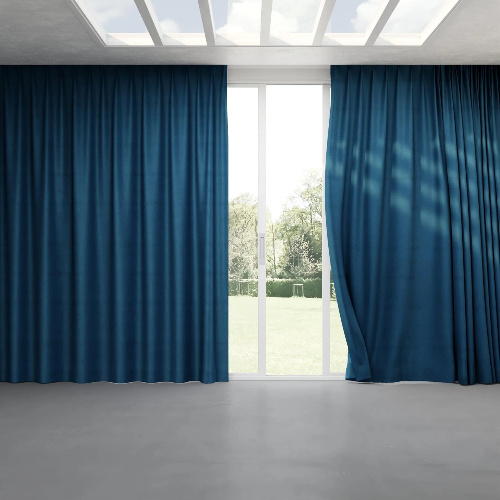 Full view of Baron Teal, pinch pleat
