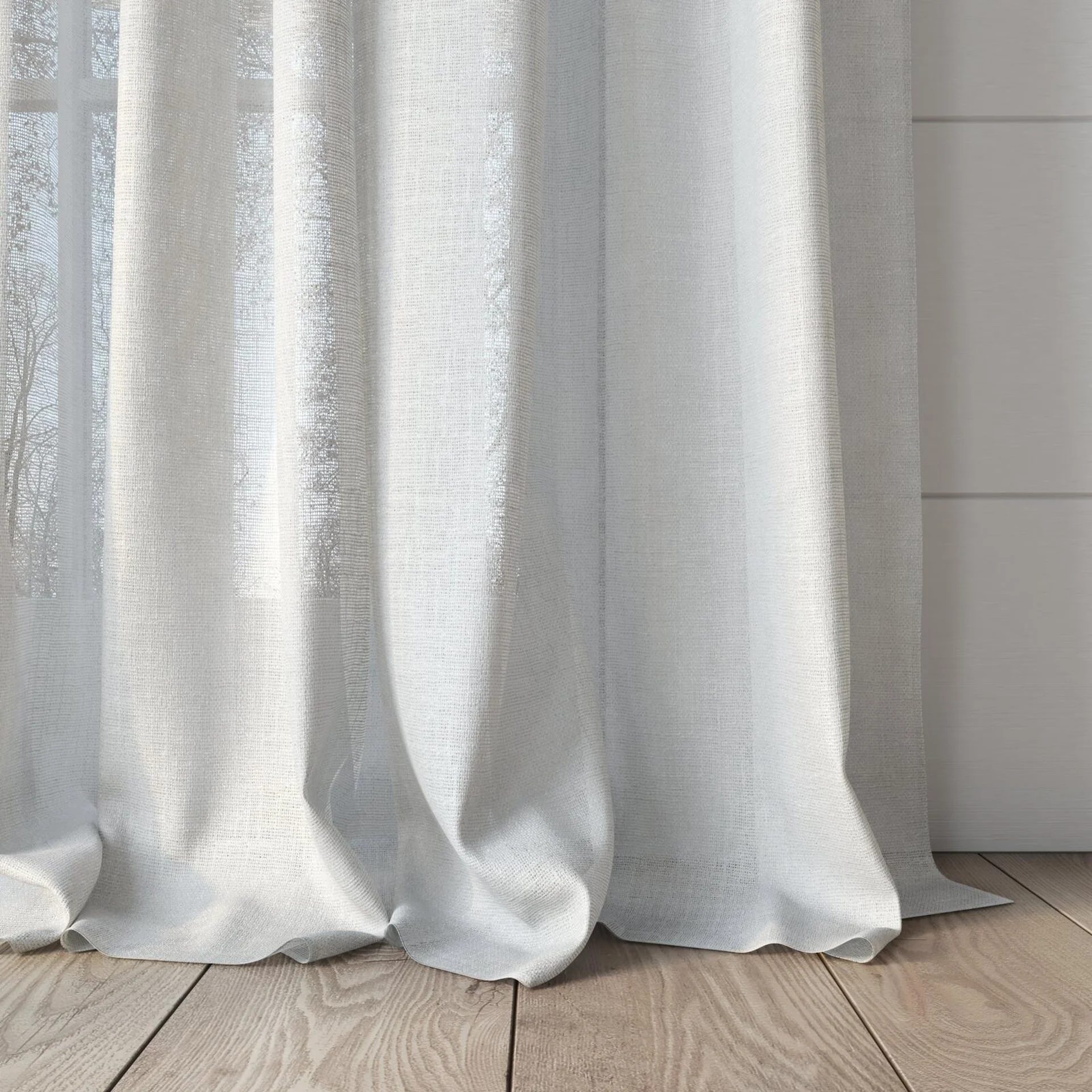 Bottom view of Fabiola Champagne, puddled, on curtain rod