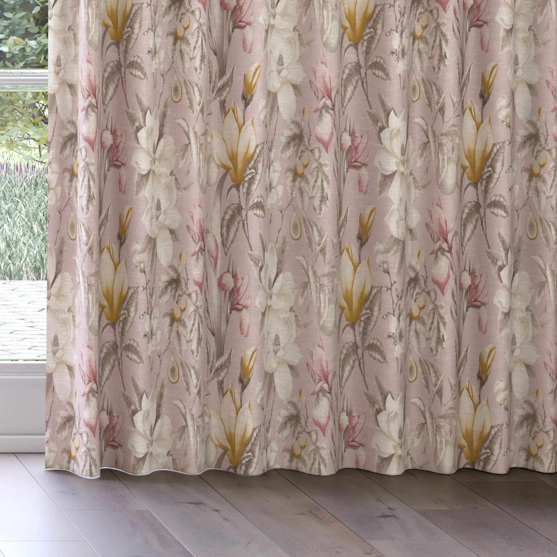 Bottom view of Botanist Blush, on curtain rail