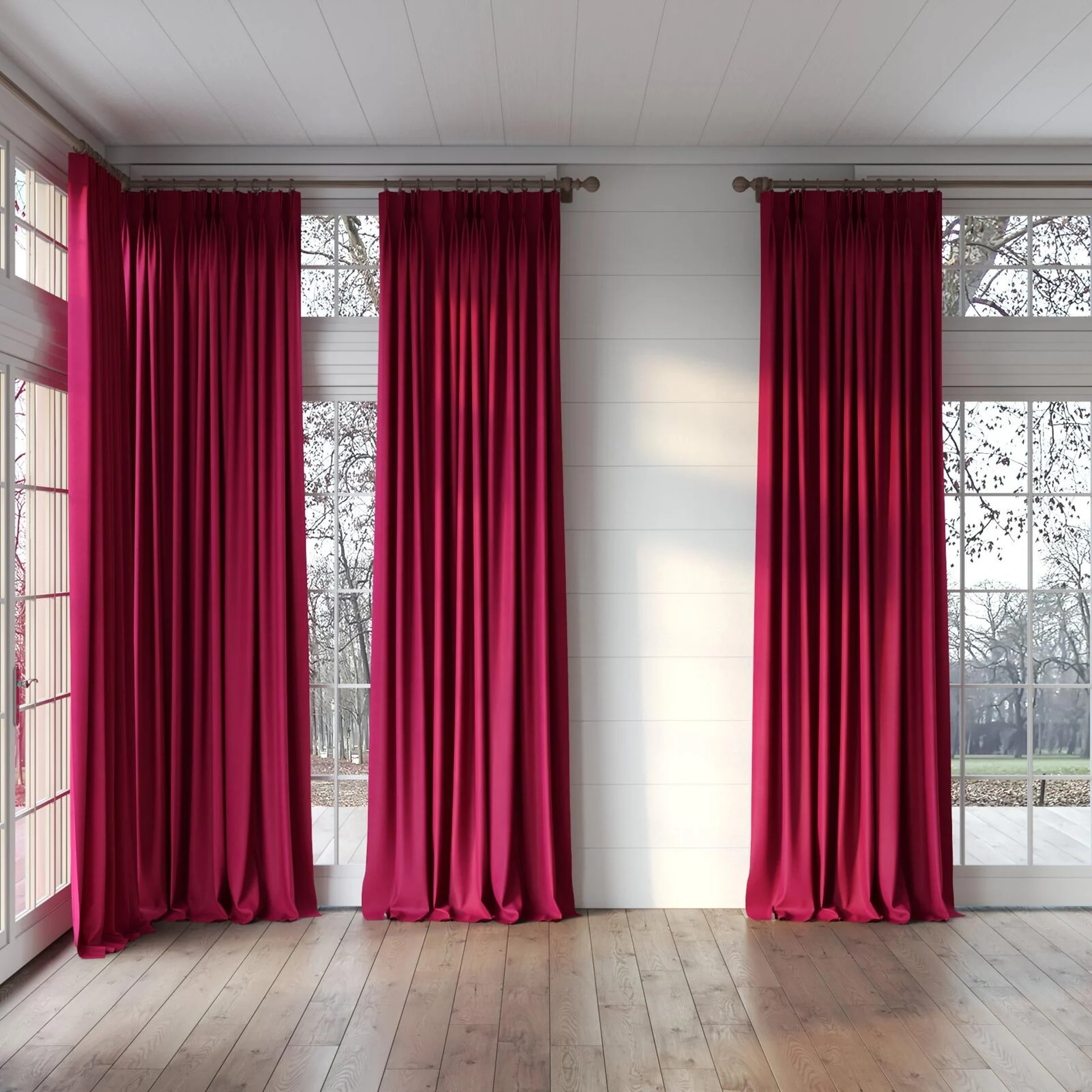 Full view of Lech Grenadine, puddled, on curtain rod