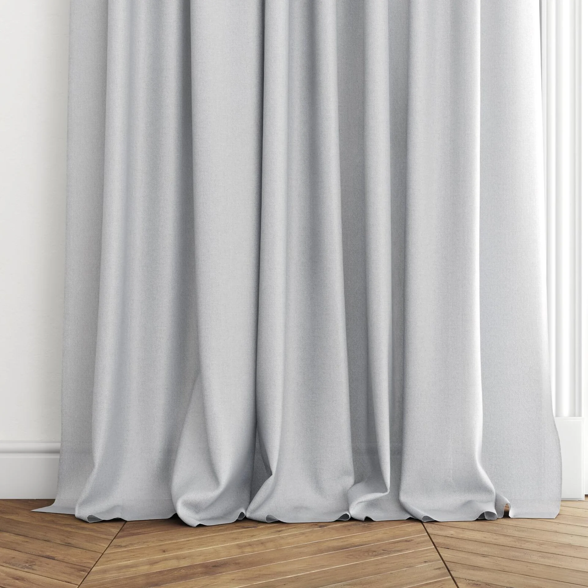 Bottom view of Twister Silver, puddled with pinch pleat, on curtain rod