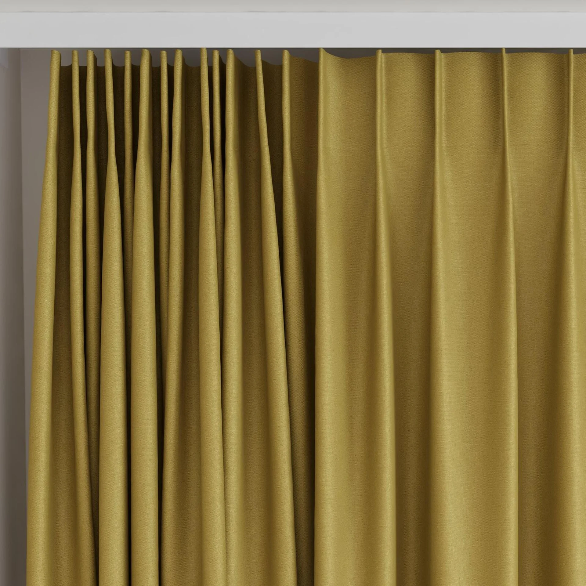 Top view of Woolskin Olive, on curtain rail