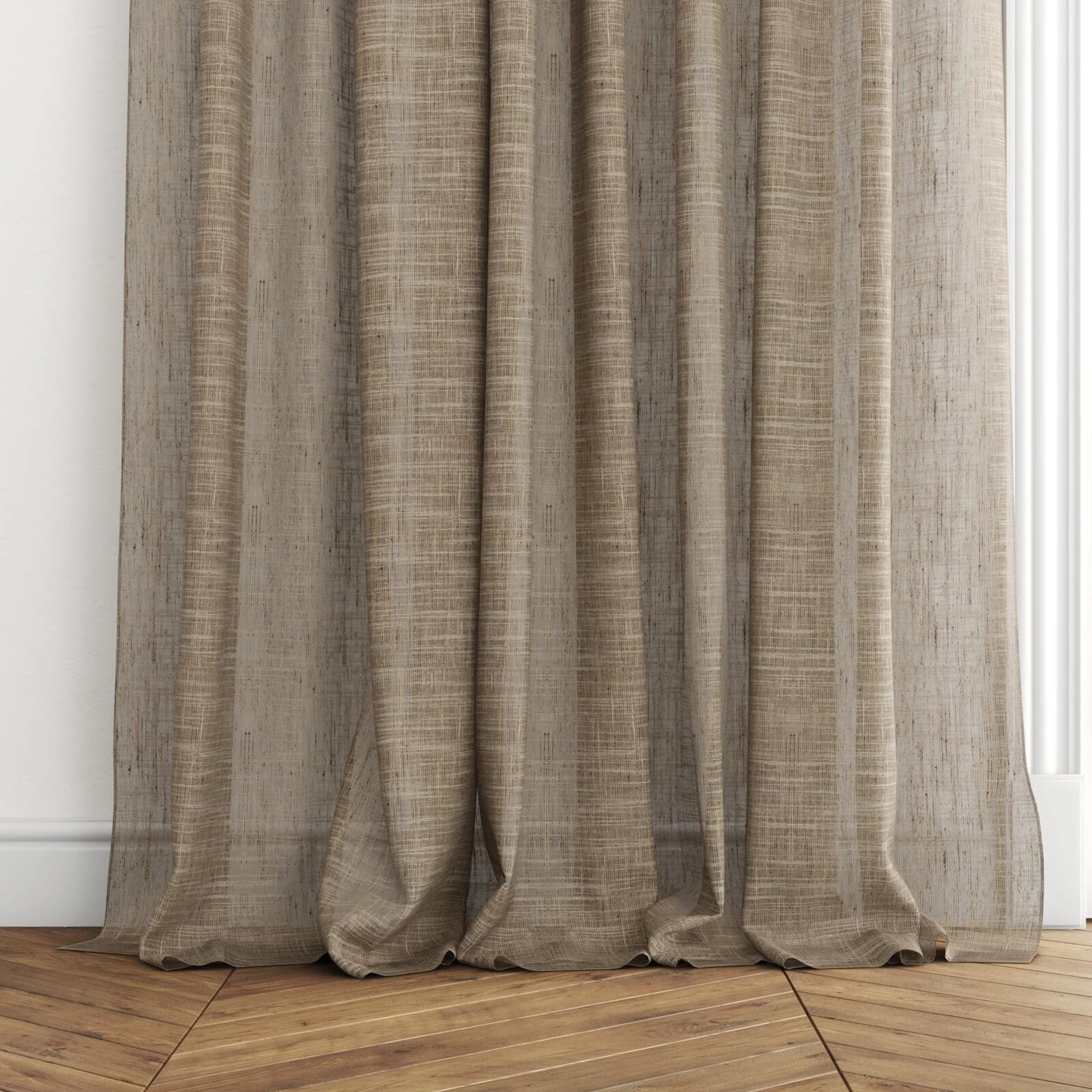 Bottom view of Zip Wood, puddled with pinch pleat, on curtain rod