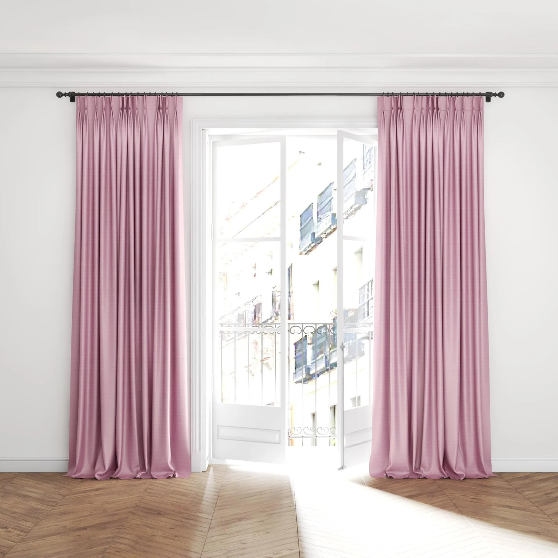 Full view of Silky Rose, puddled with pinch pleat, on curtain rod