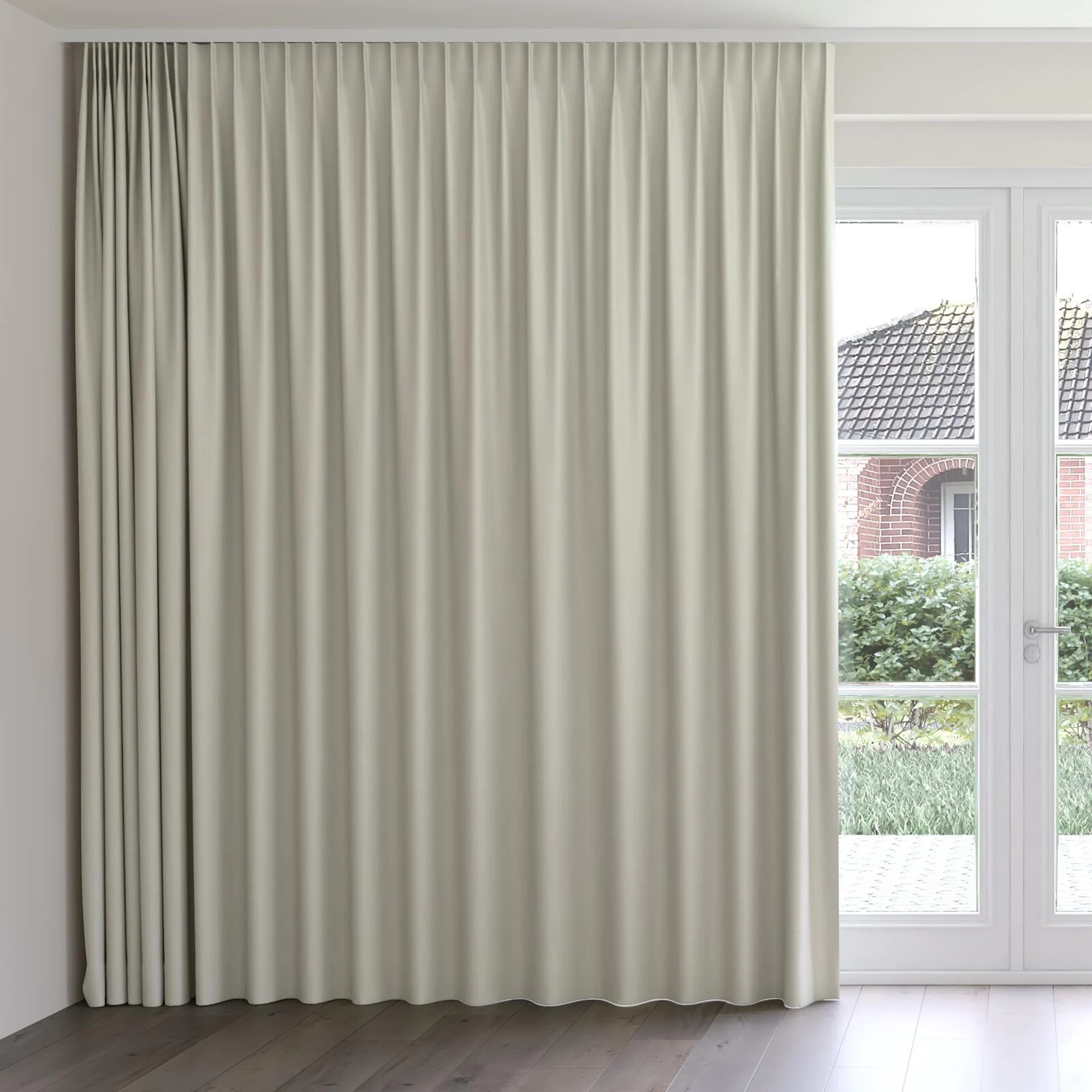 Front view of Urban Parchment, on curtain rail
