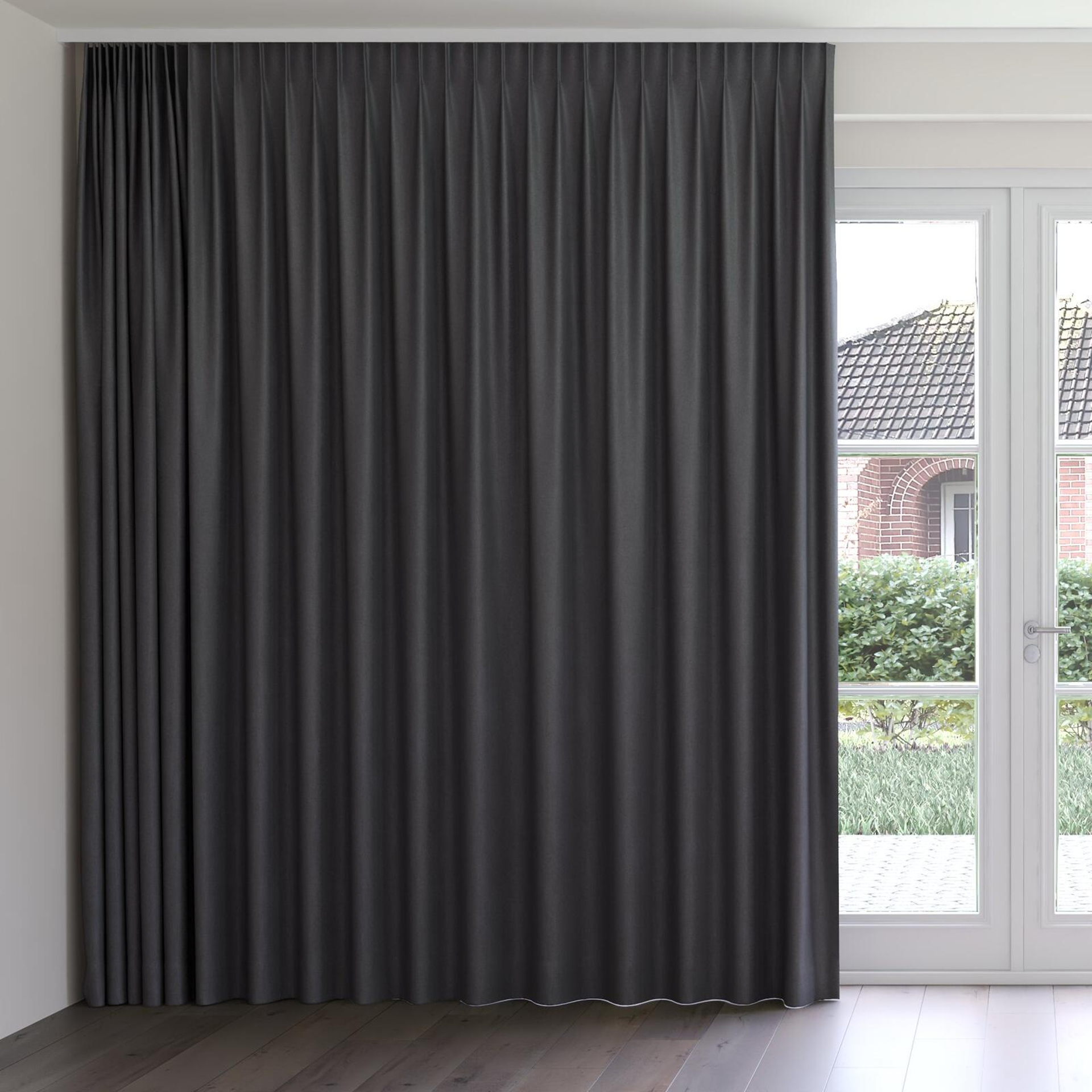 Front view of Woolly/Woolen Anthracite, on curtain rail