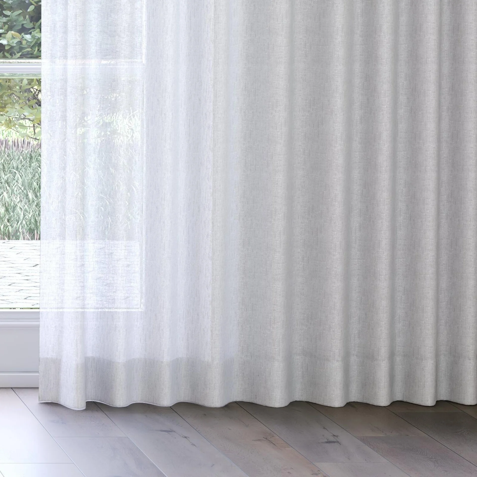 Bottom view of Shoji Dove Grey, on curtain rail