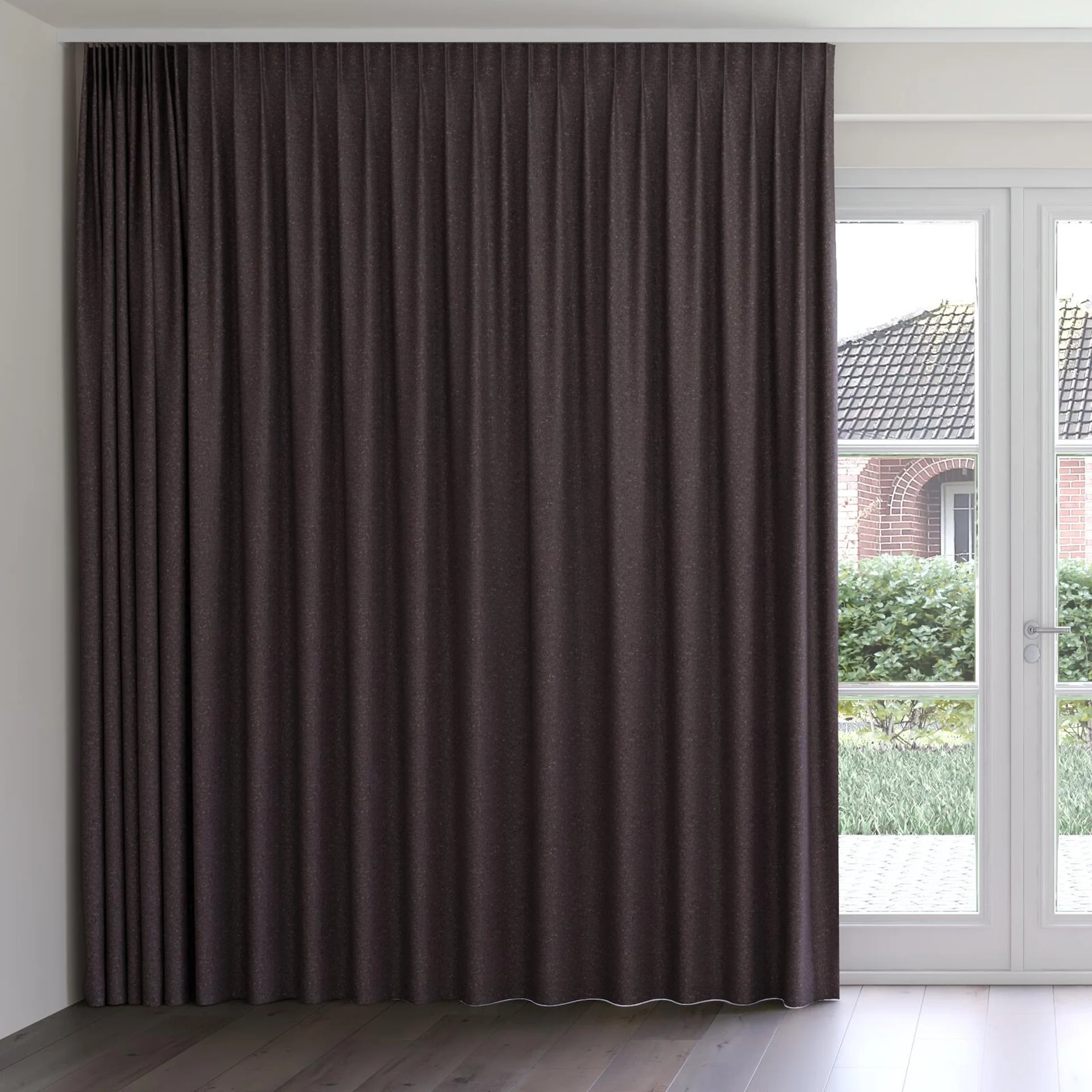 Front view of Bora Bora Aubergine, on curtain rail