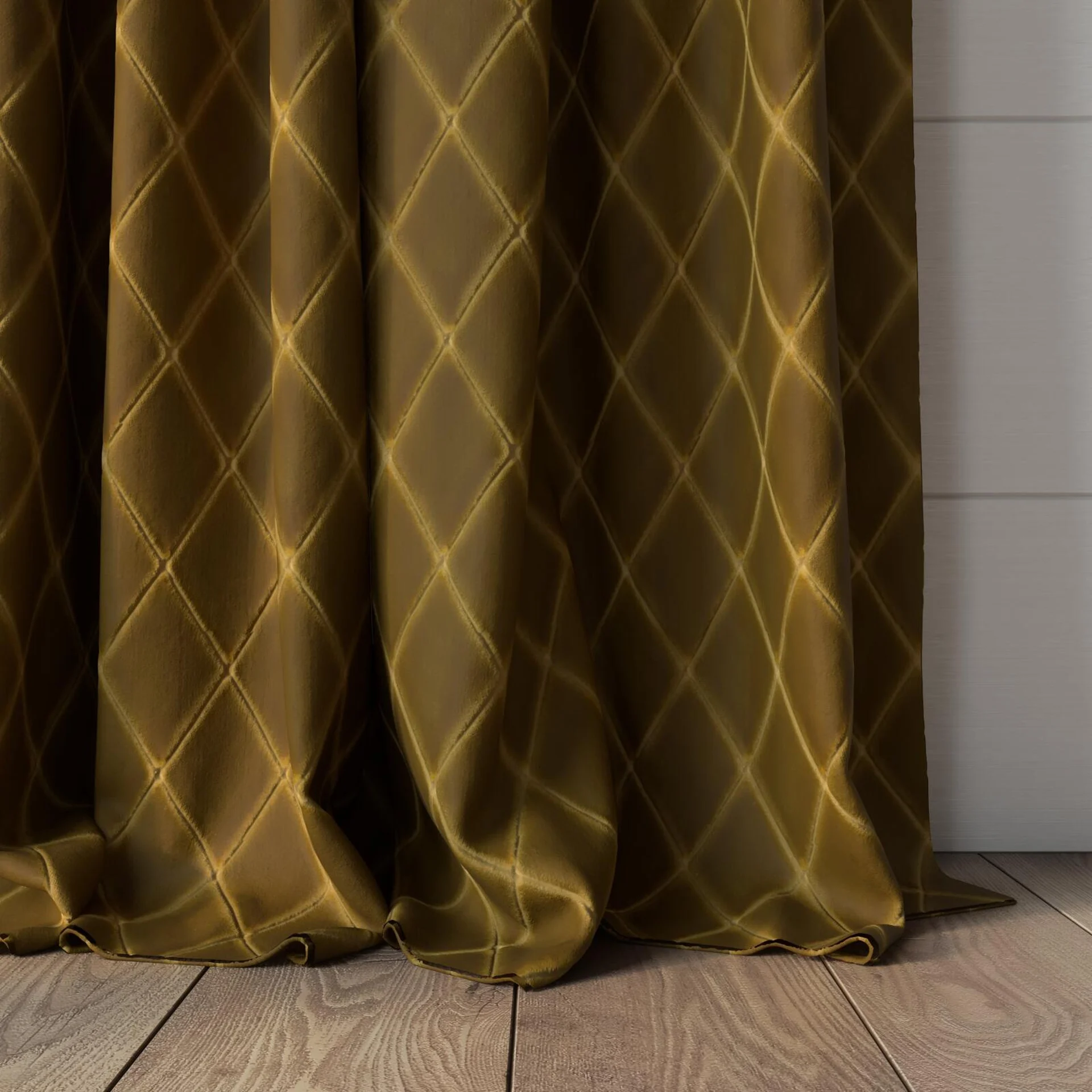 Bottom view of Pantheon Gold, puddled, on curtain rod