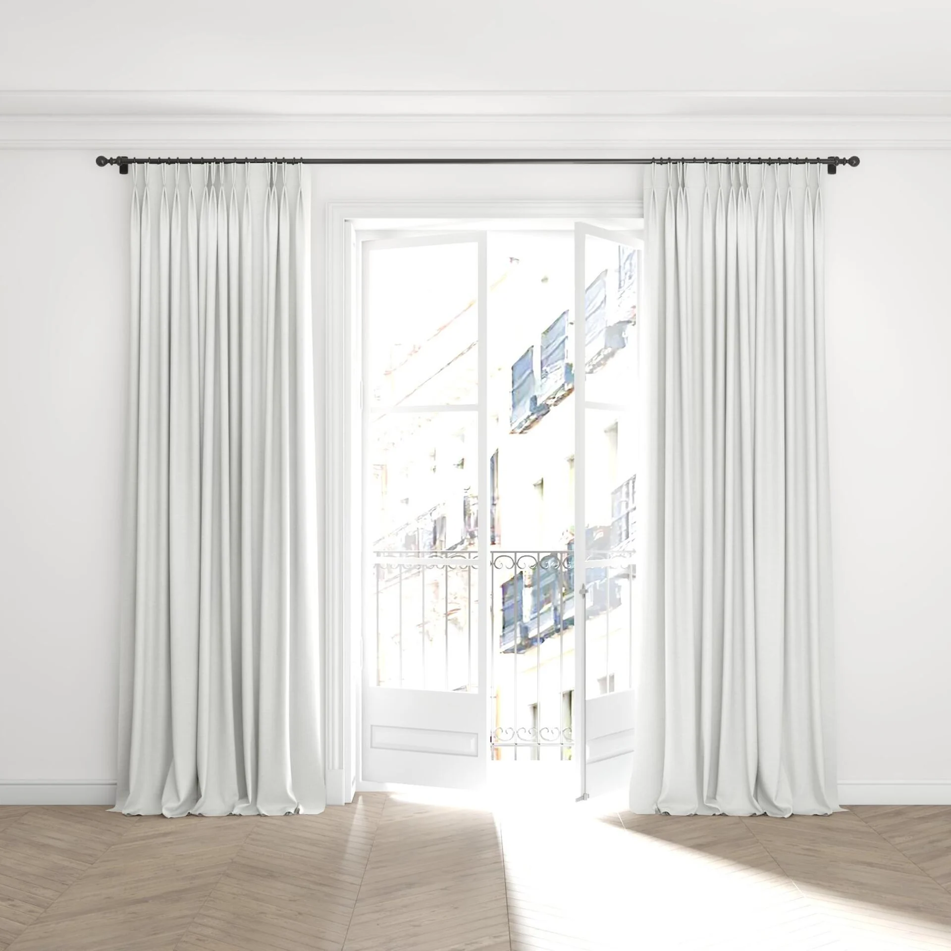 Full view of Casual Angora, puddled with pinch pleat, on curtain rod