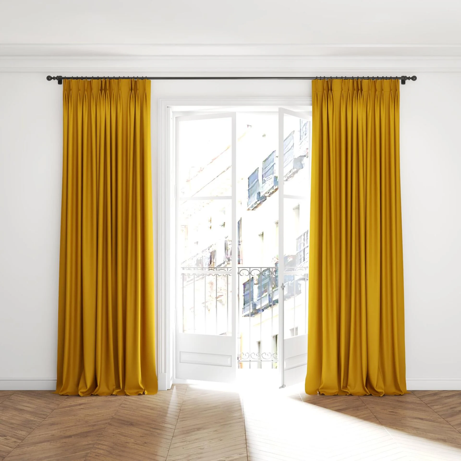 Full view of Woolskin Spice, puddled with pinch pleat, on curtain rod