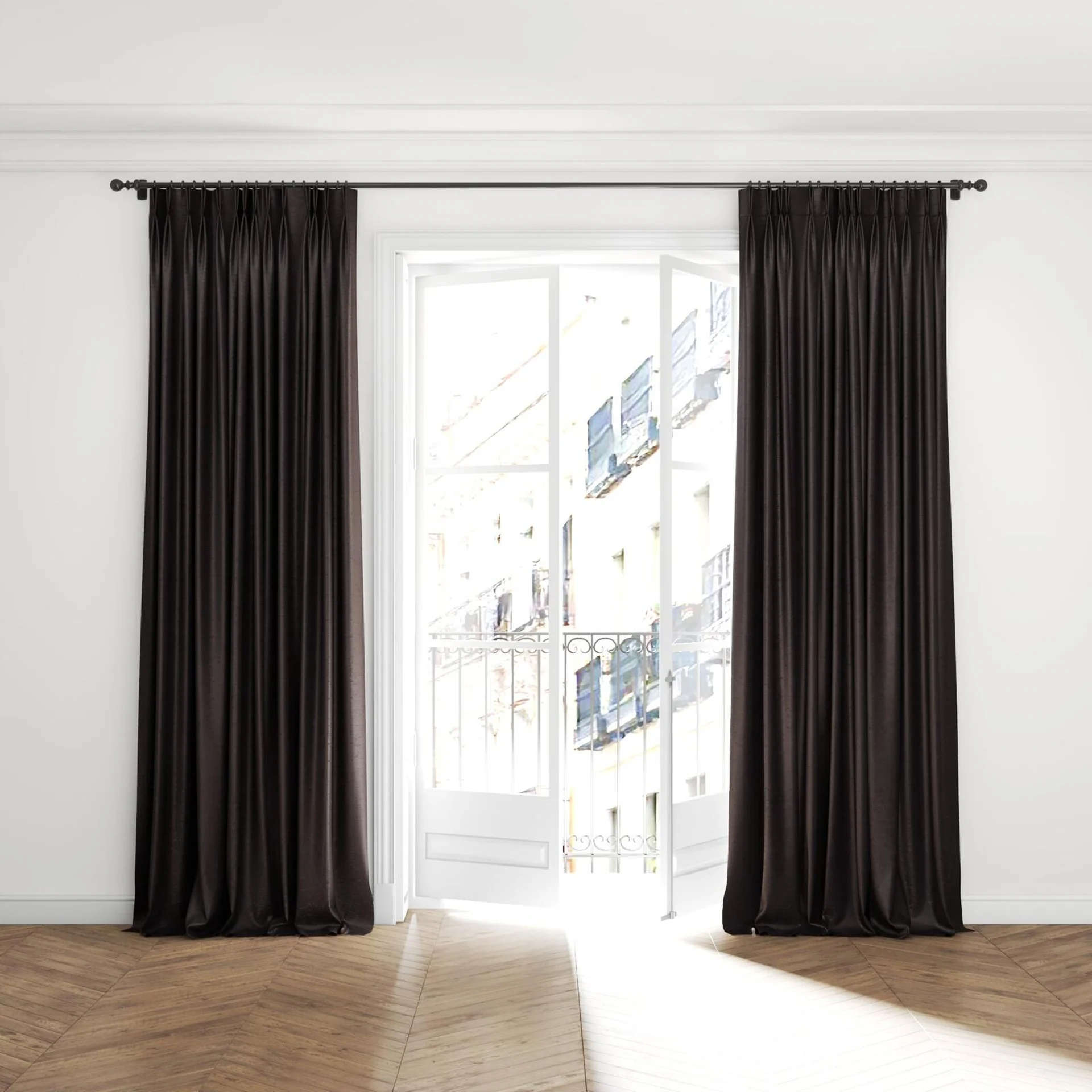 Full view of Lambada Mustang, puddled with pinch pleat, on curtain rod