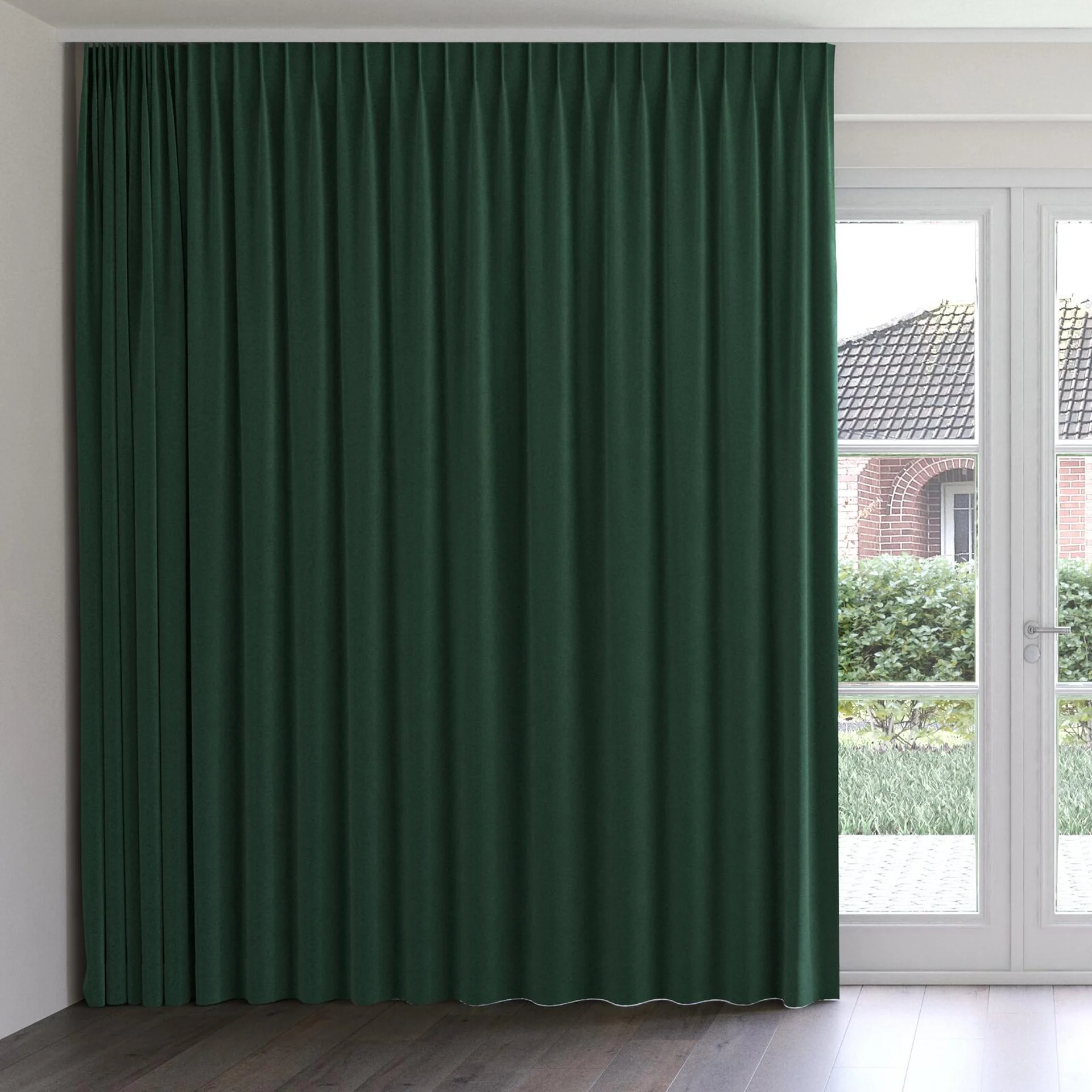 Front view of Vienna Emerald, on curtain rail
