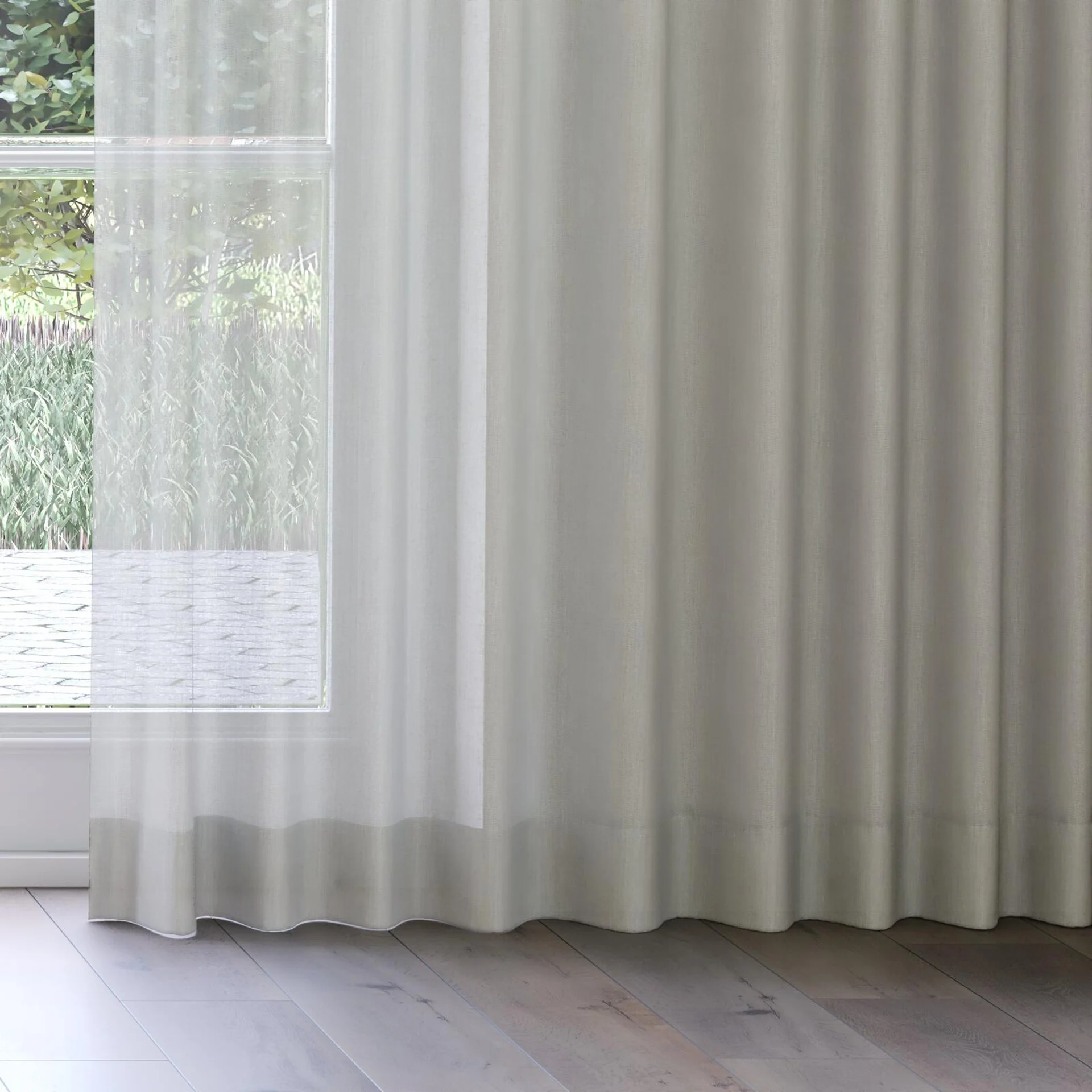 Bottom view of Antipodes Seafoam, on curtain rail