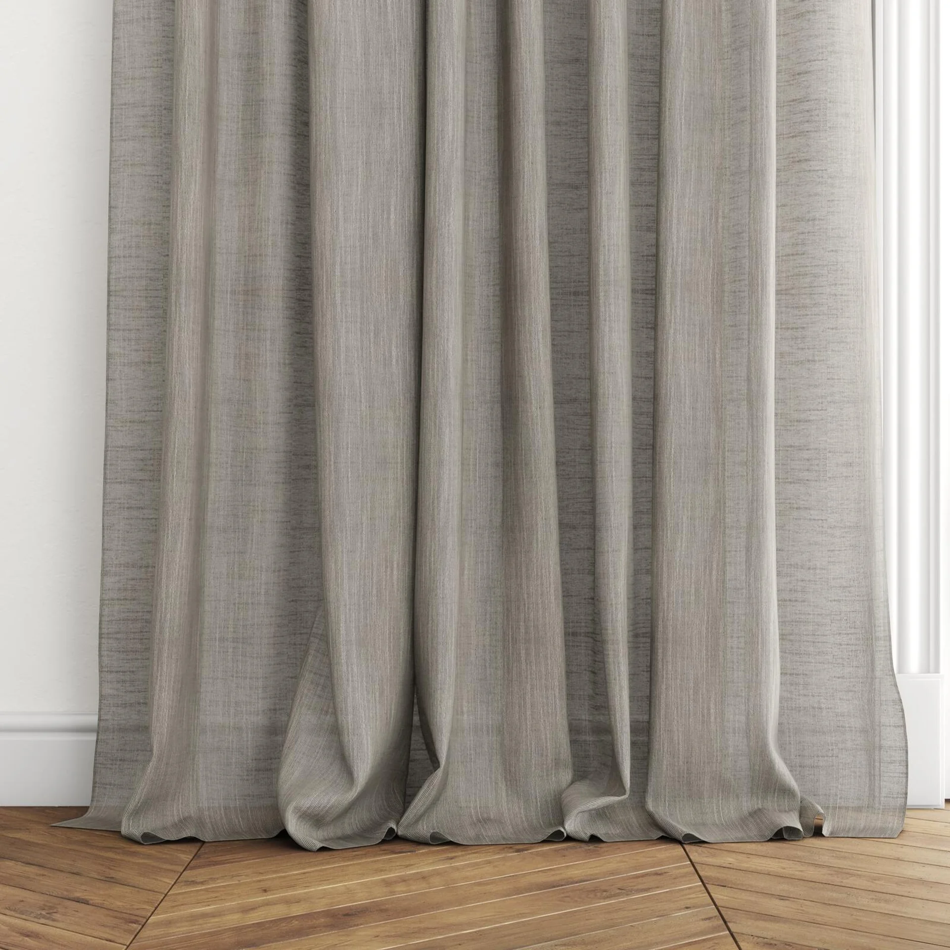 Bottom view of Angelic Chess, puddled with pinch pleat, on curtain rod