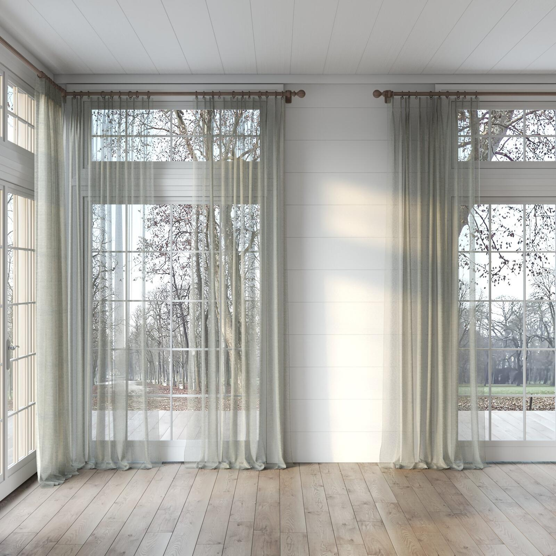 Full view of Pure Linen Chess, puddled, on curtain rod