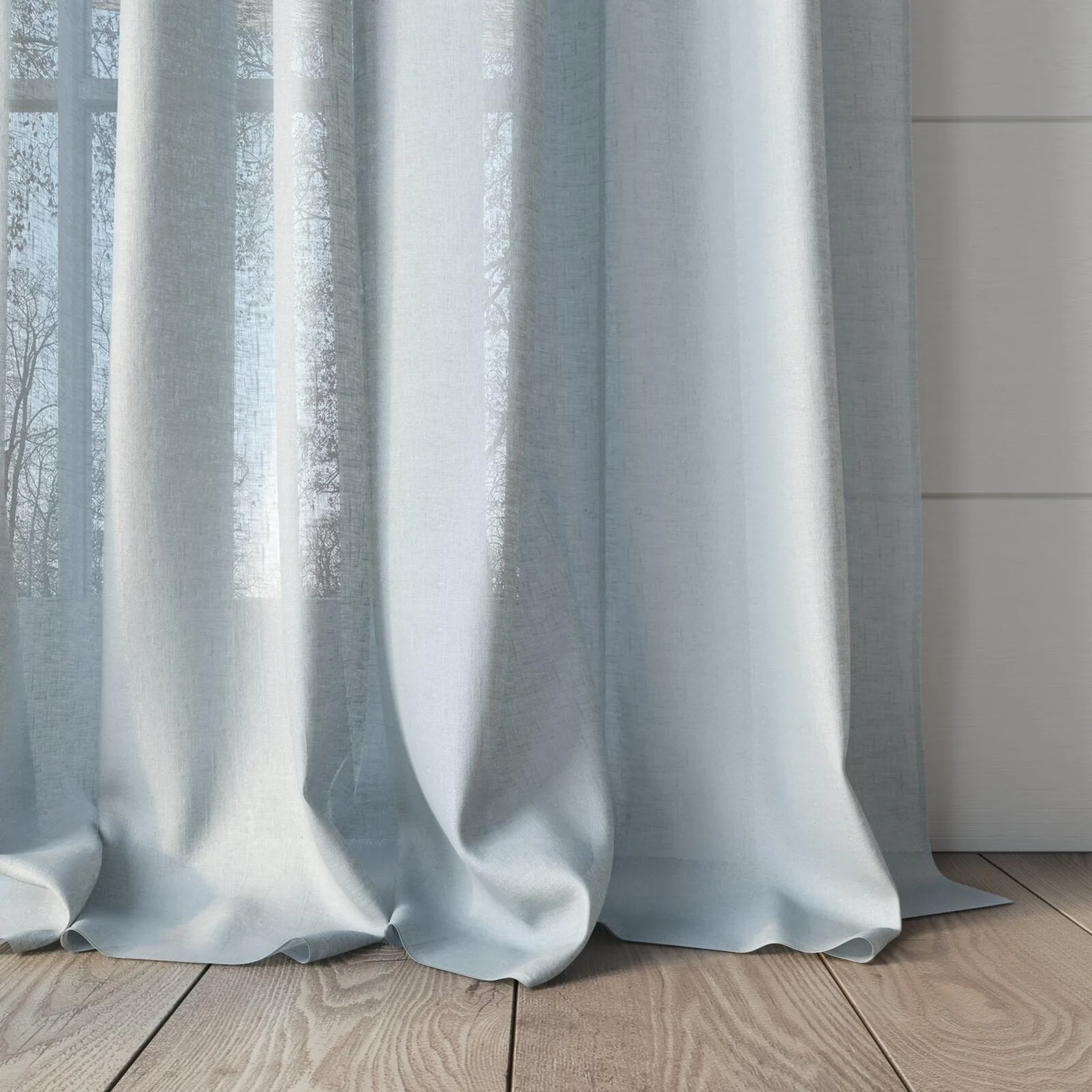 Bottom view of Kanso Stonewash Sky, puddled, on curtain rod