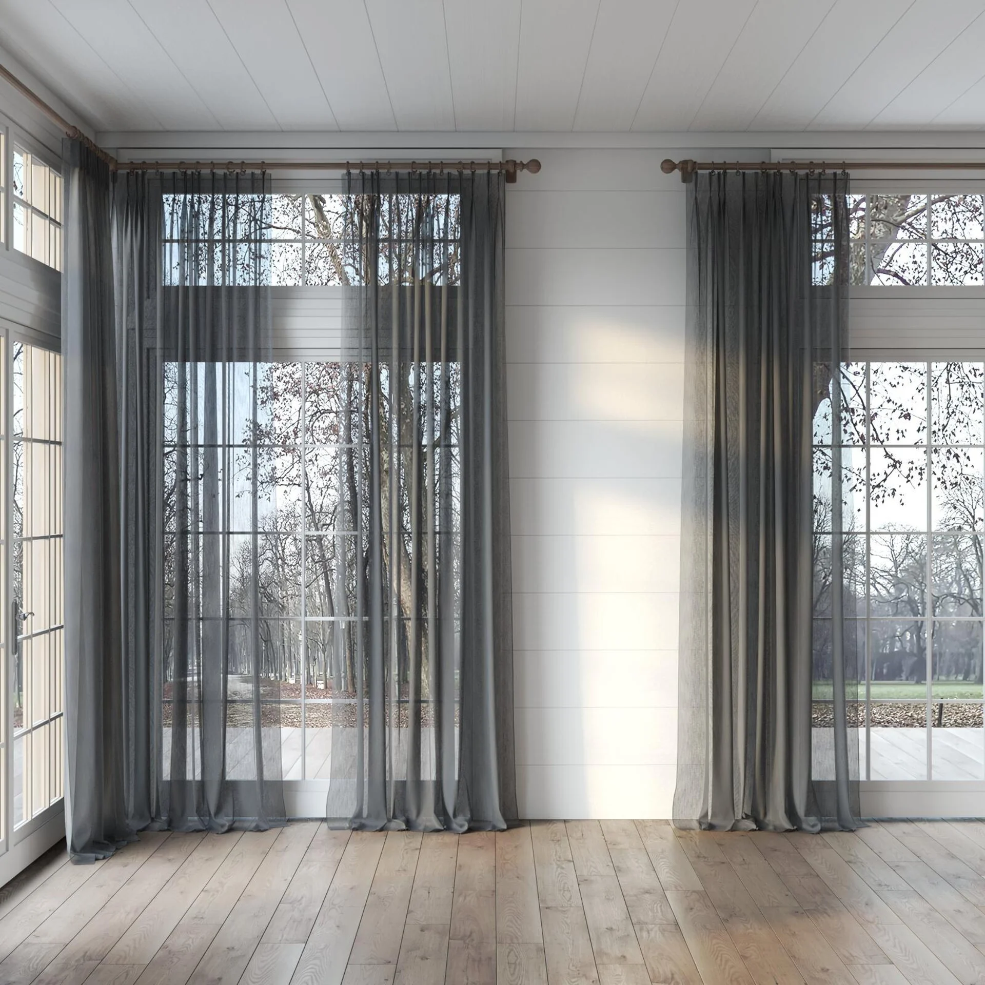 Full view of Stratus Charcoal, puddled, on curtain rod