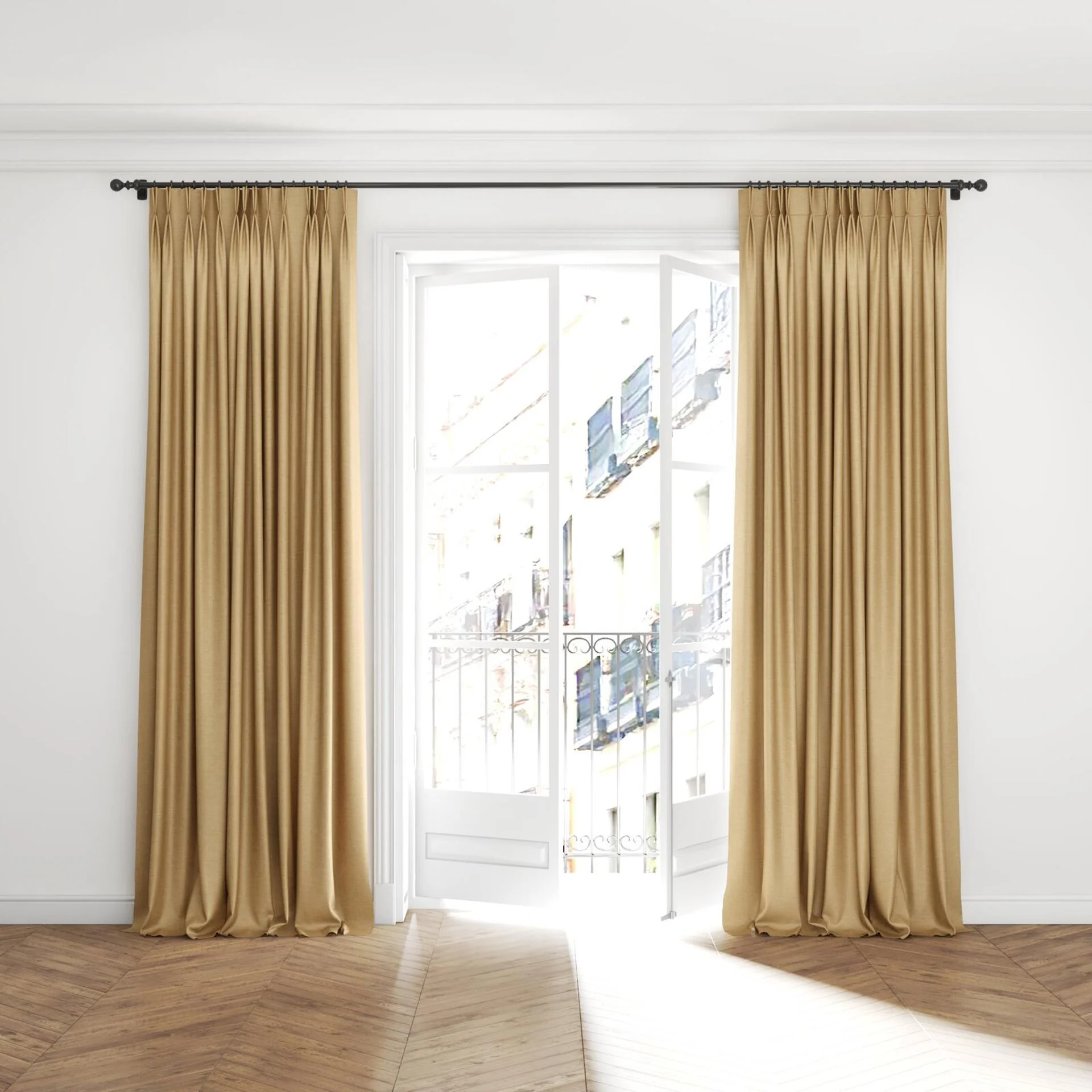 Full view of Tonto Melon, puddled with pinch pleat, on curtain rod