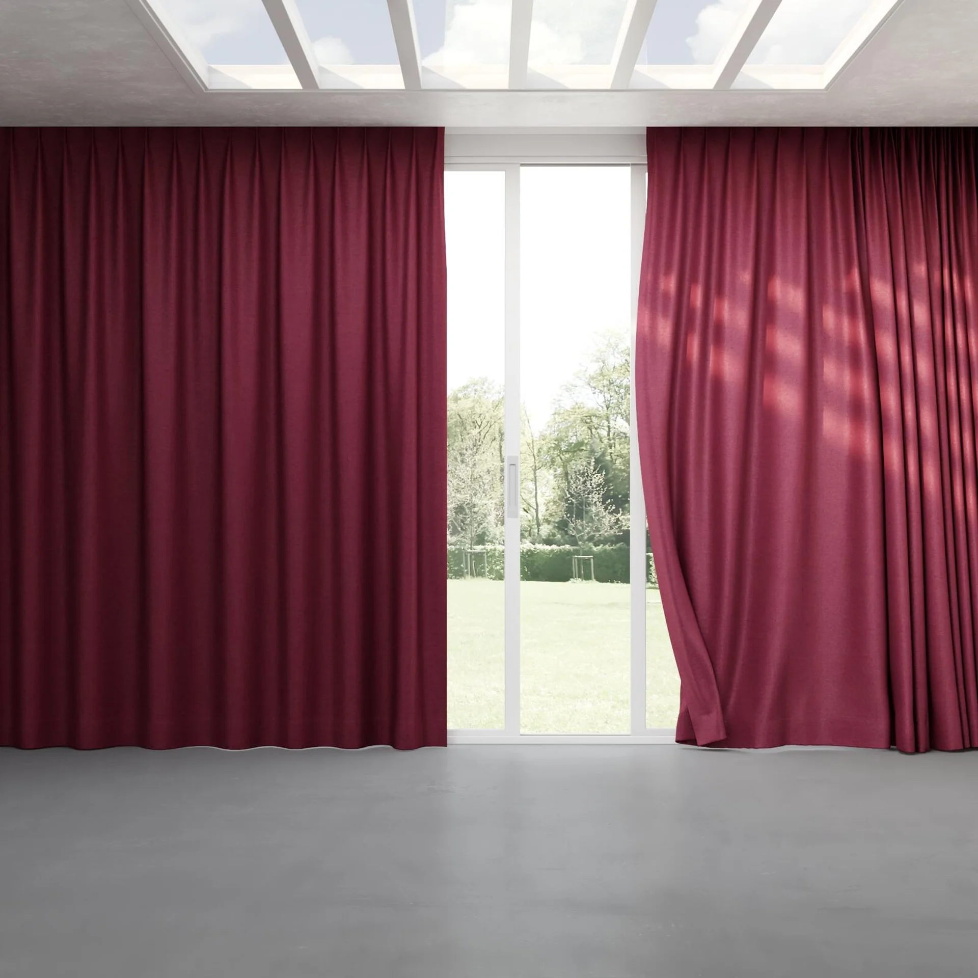 Full view of Drama Plum, pinch pleat