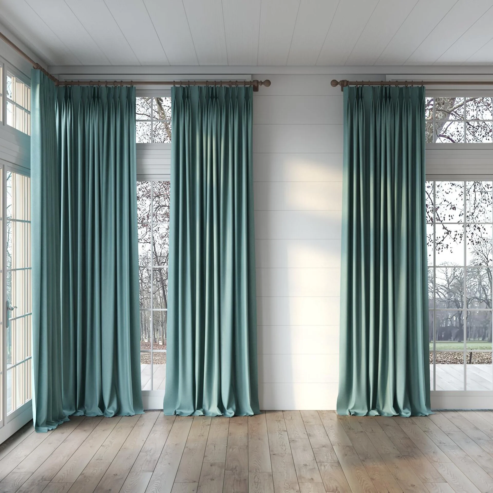 Full view of Liberate Turquoise, puddled, on curtain rod