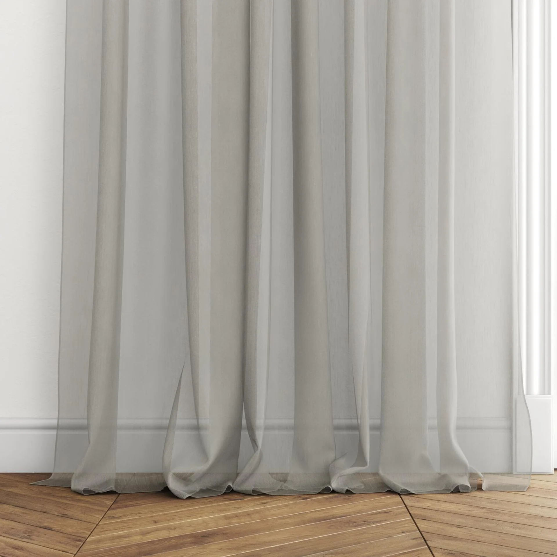 Bottom view of Aurora Fog, puddled with pinch pleat, on curtain rod