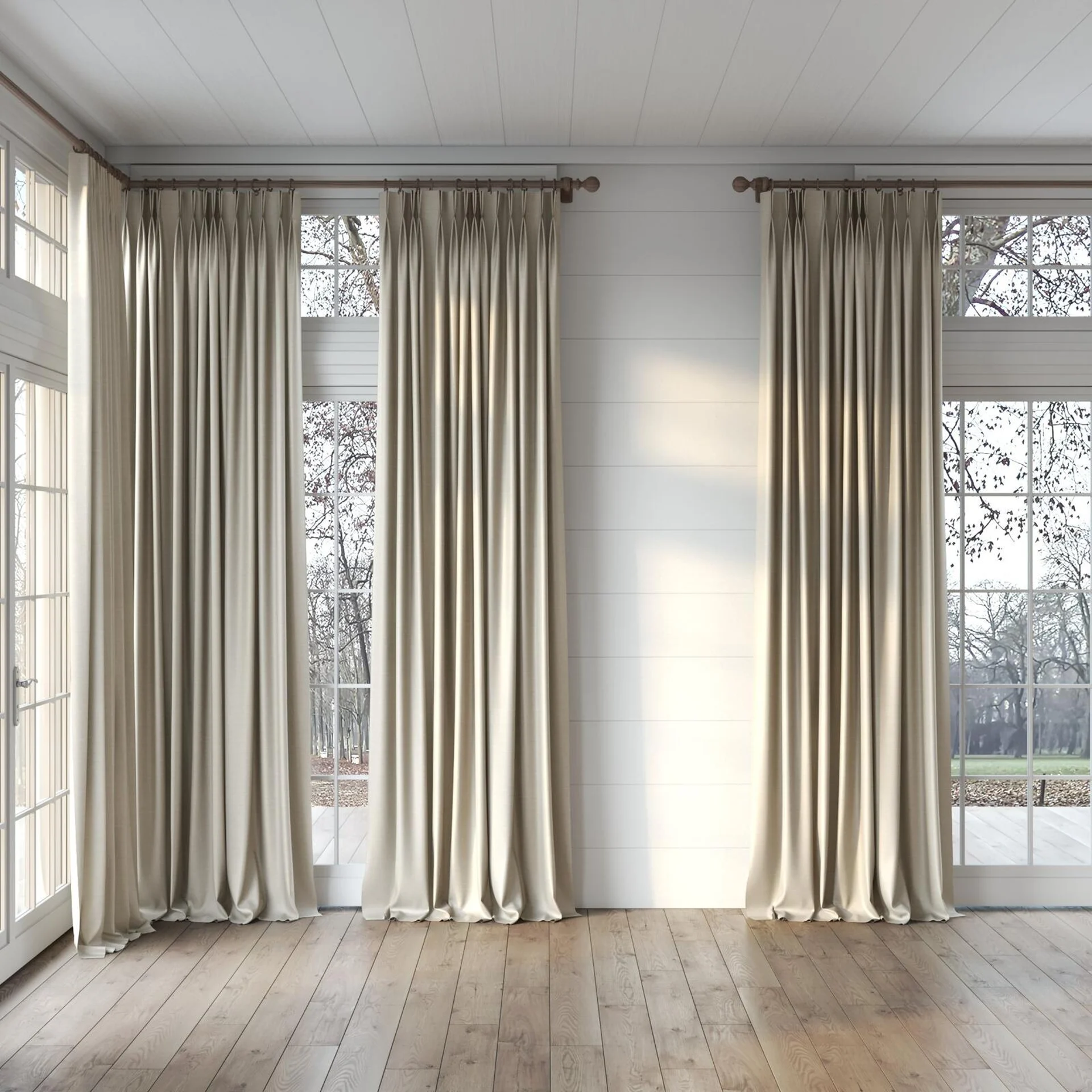 Full view of Silky Silky Flax, puddled, on curtain rod