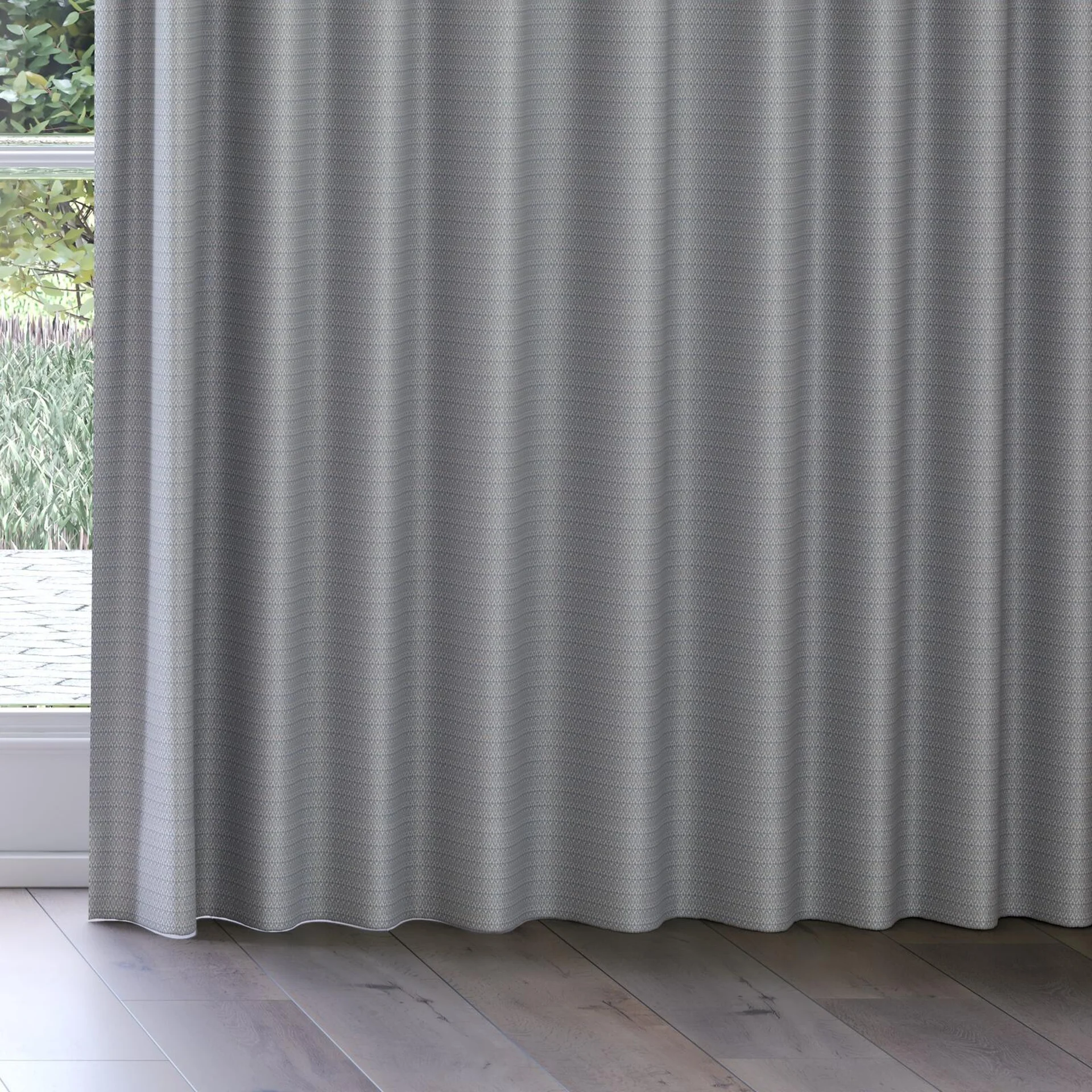 Bottom view of Emoticon Denim, on curtain rail