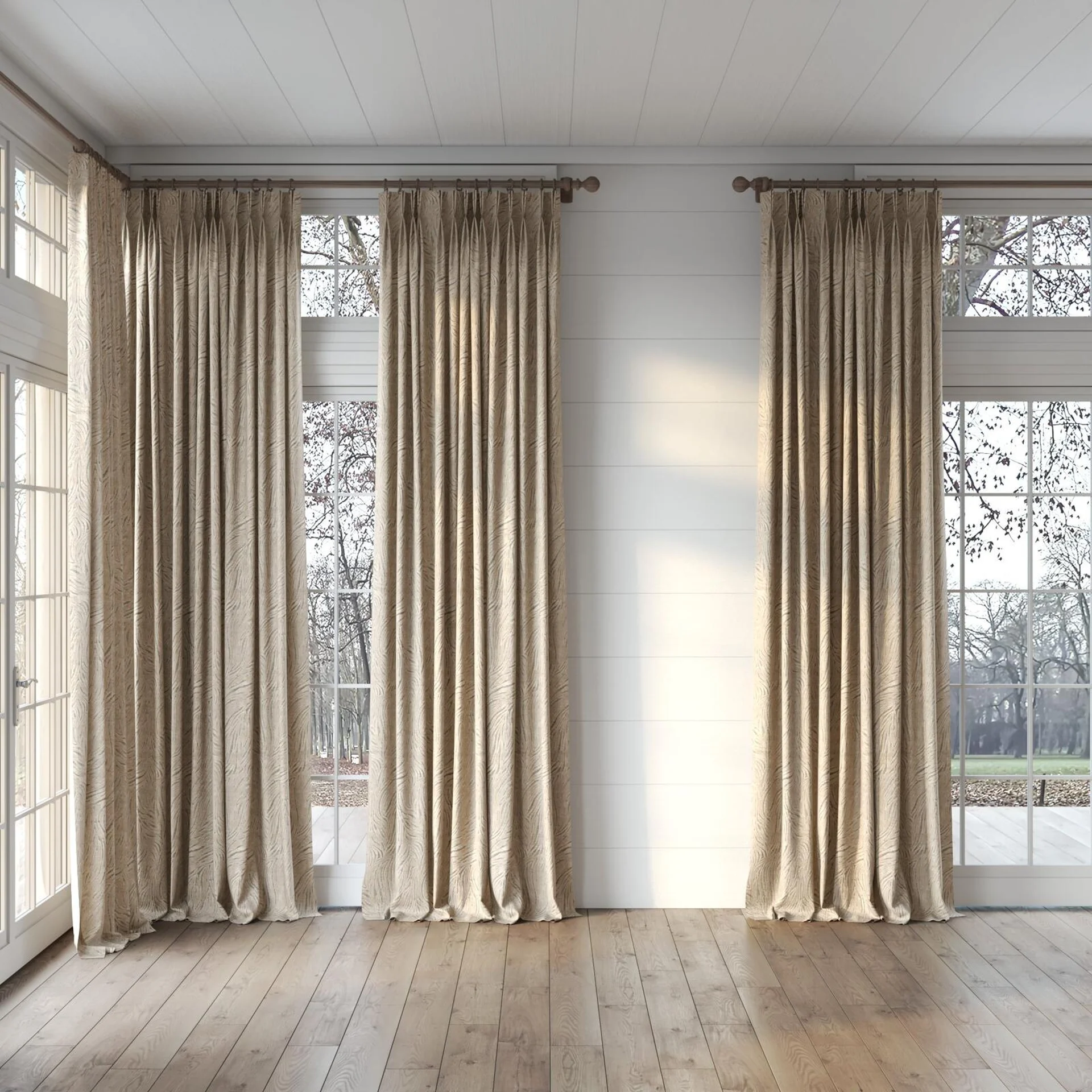 Full view of Principal Macaroon, puddled, on curtain rod