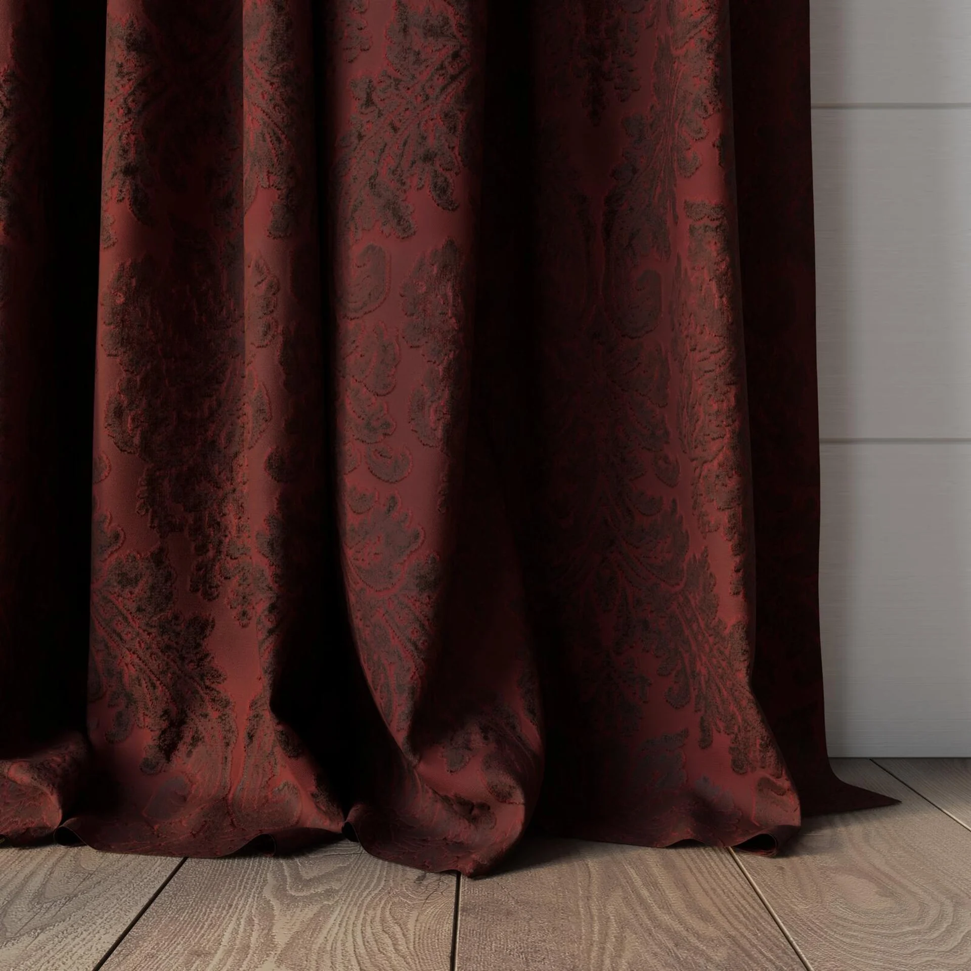 Bottom view of Gosh Bordeaux, puddled, on curtain rod