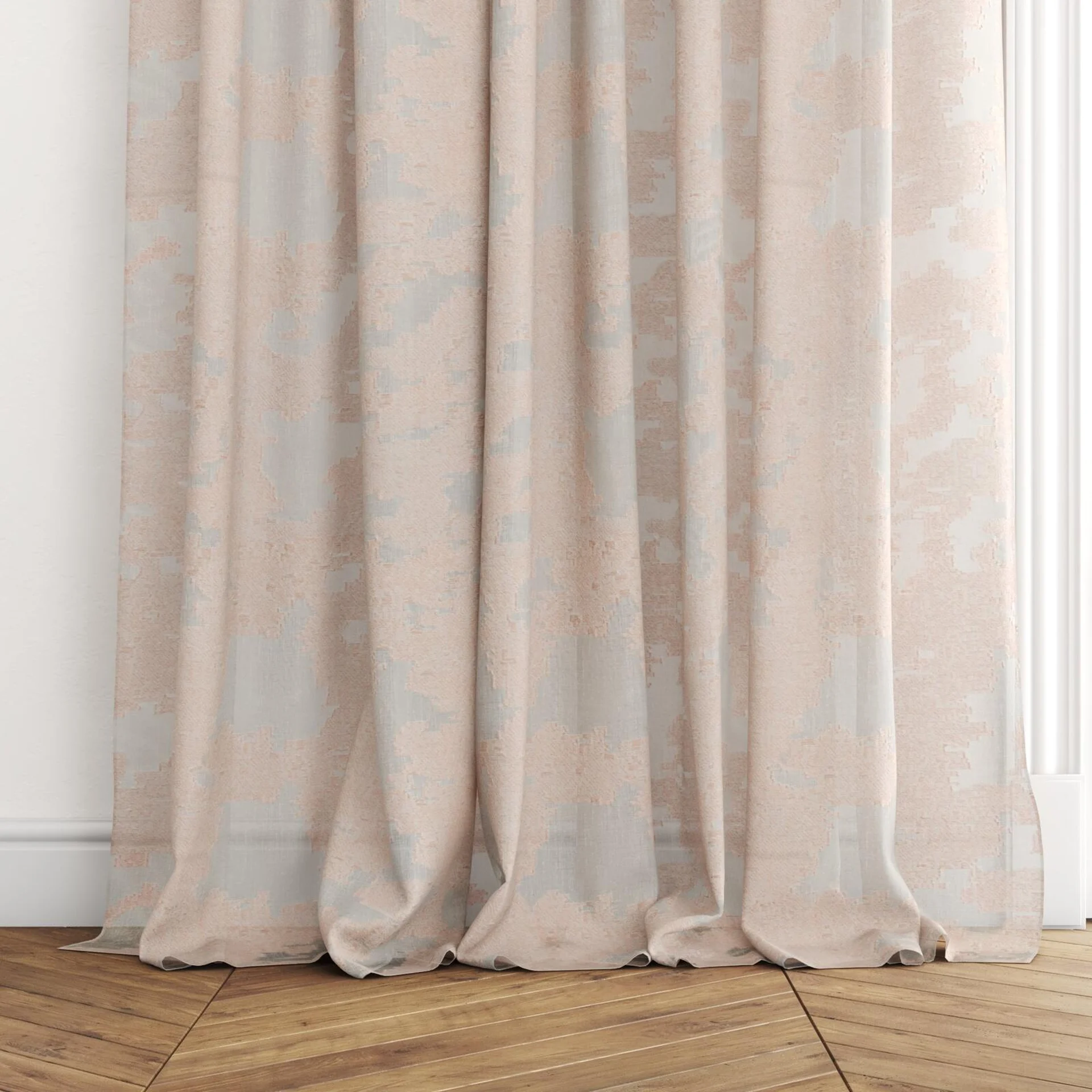 Bottom view of Triora Blossom, puddled with pinch pleat, on curtain rod