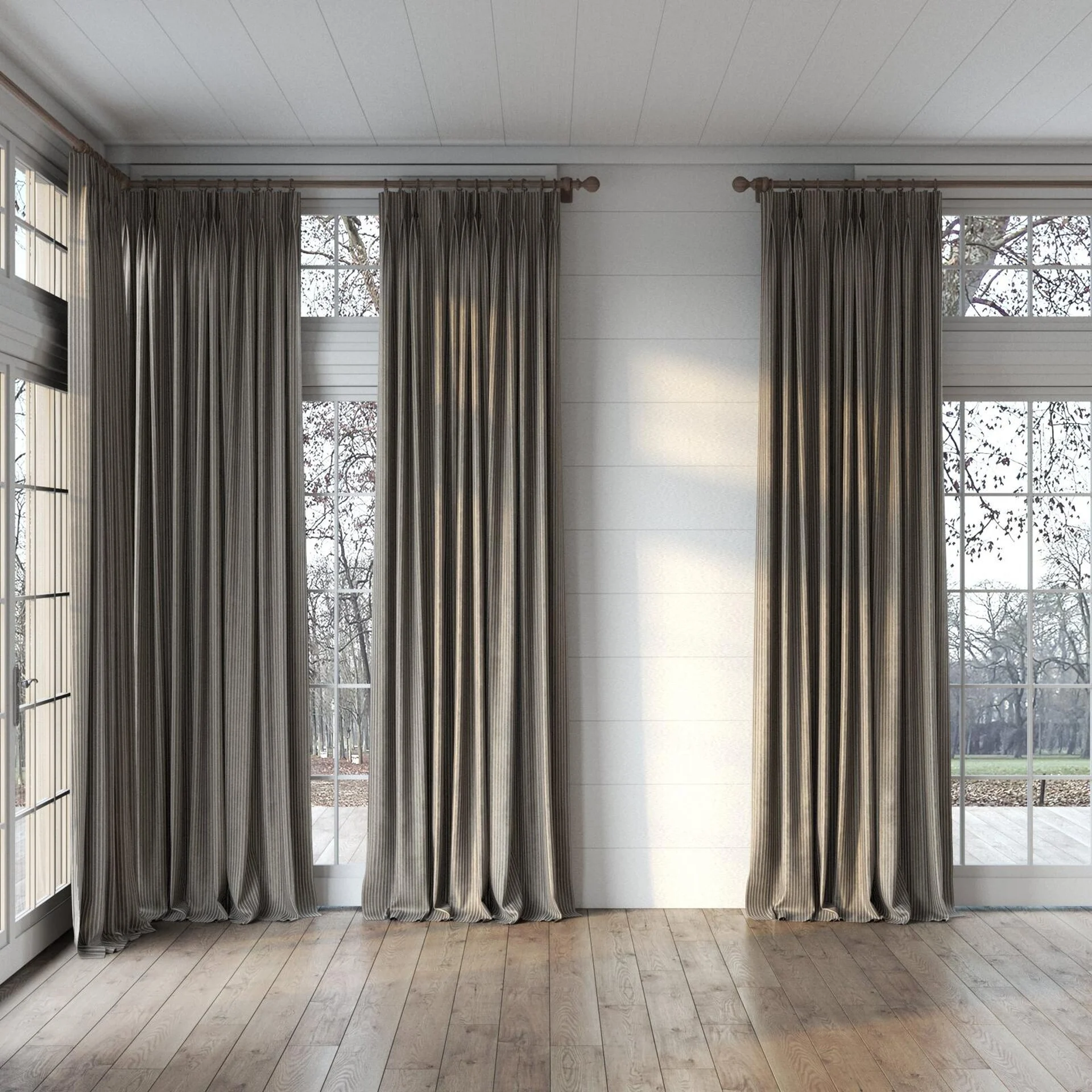 Full view of Embrace Truffle, puddled, on curtain rod