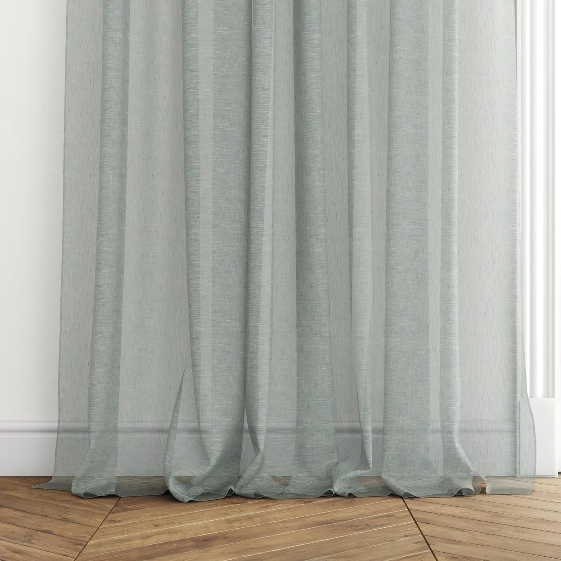 Bottom view of Pure Linen Denim, puddled with pinch pleat, on curtain rod
