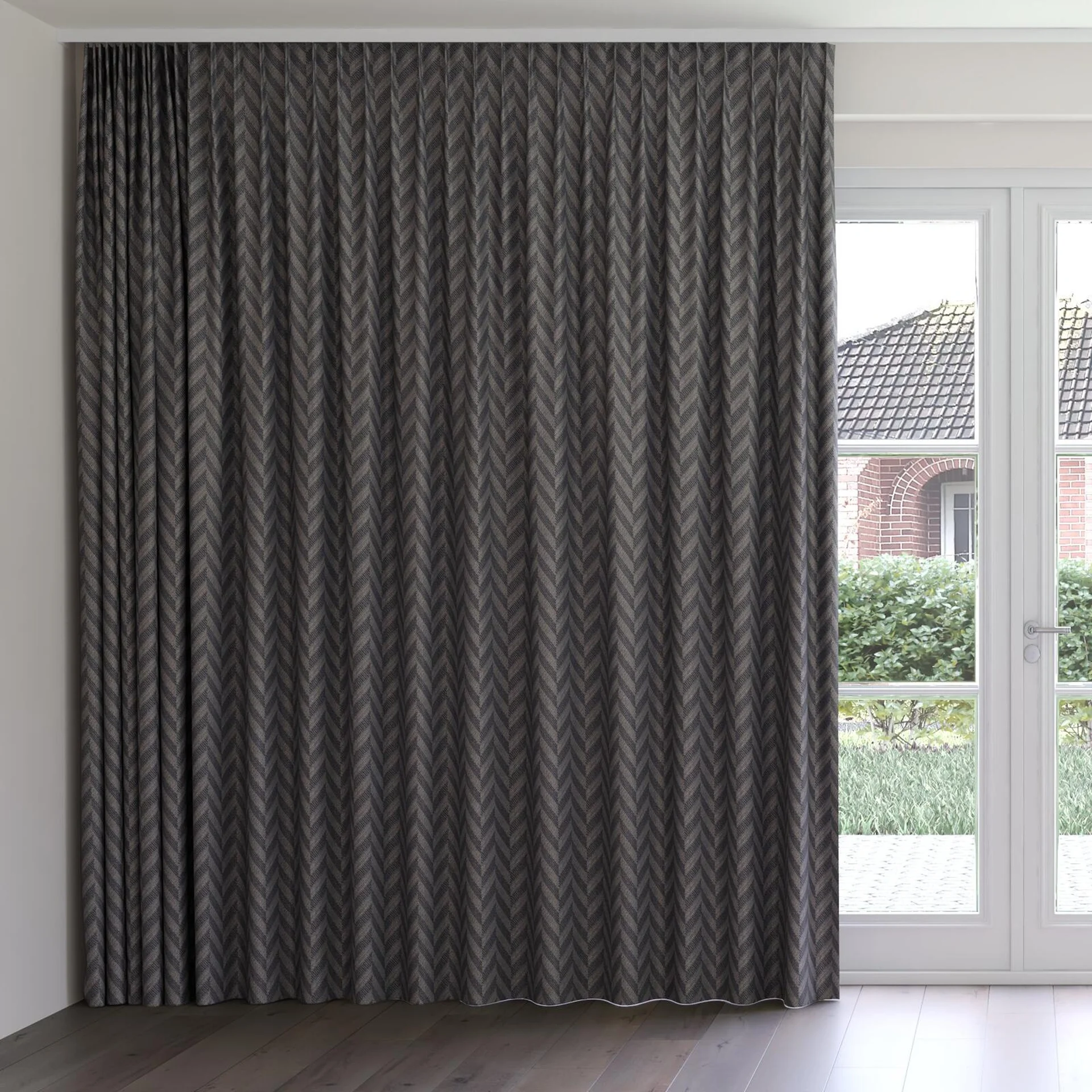 Front view of Lupine Dice, on curtain rail