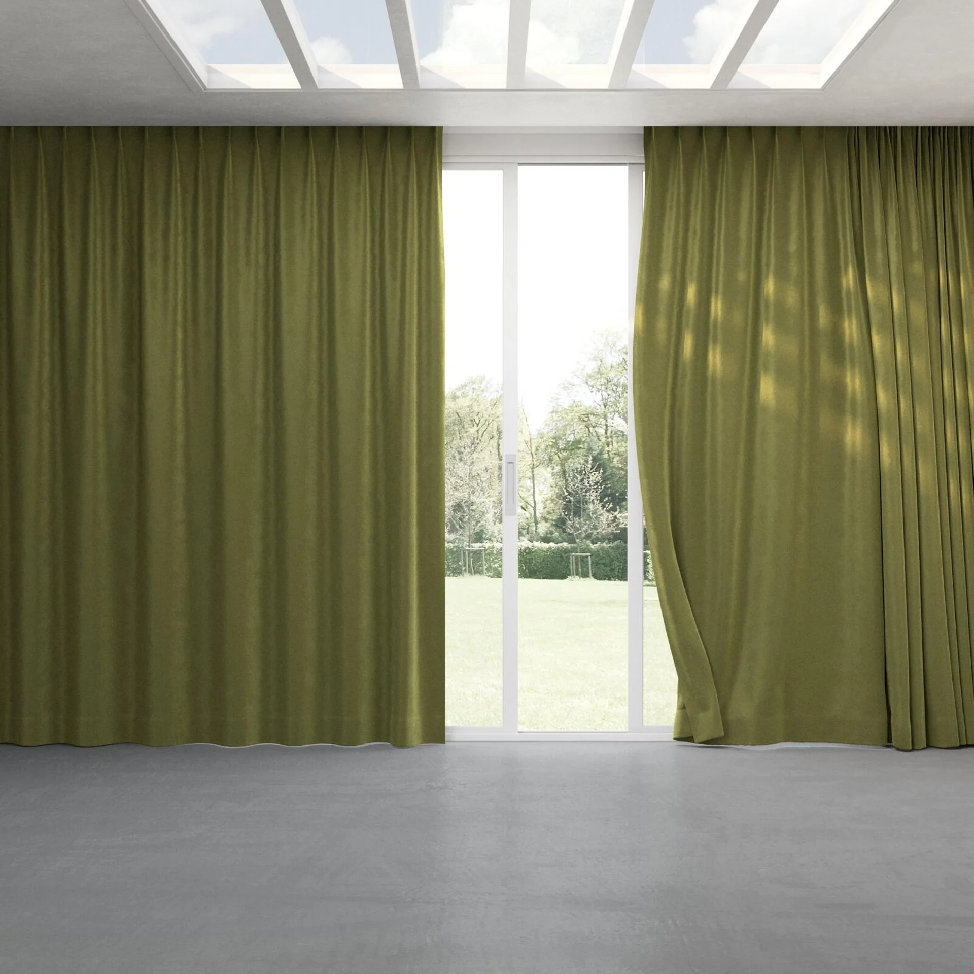 Full view of Velvelux Olive, pinch pleat