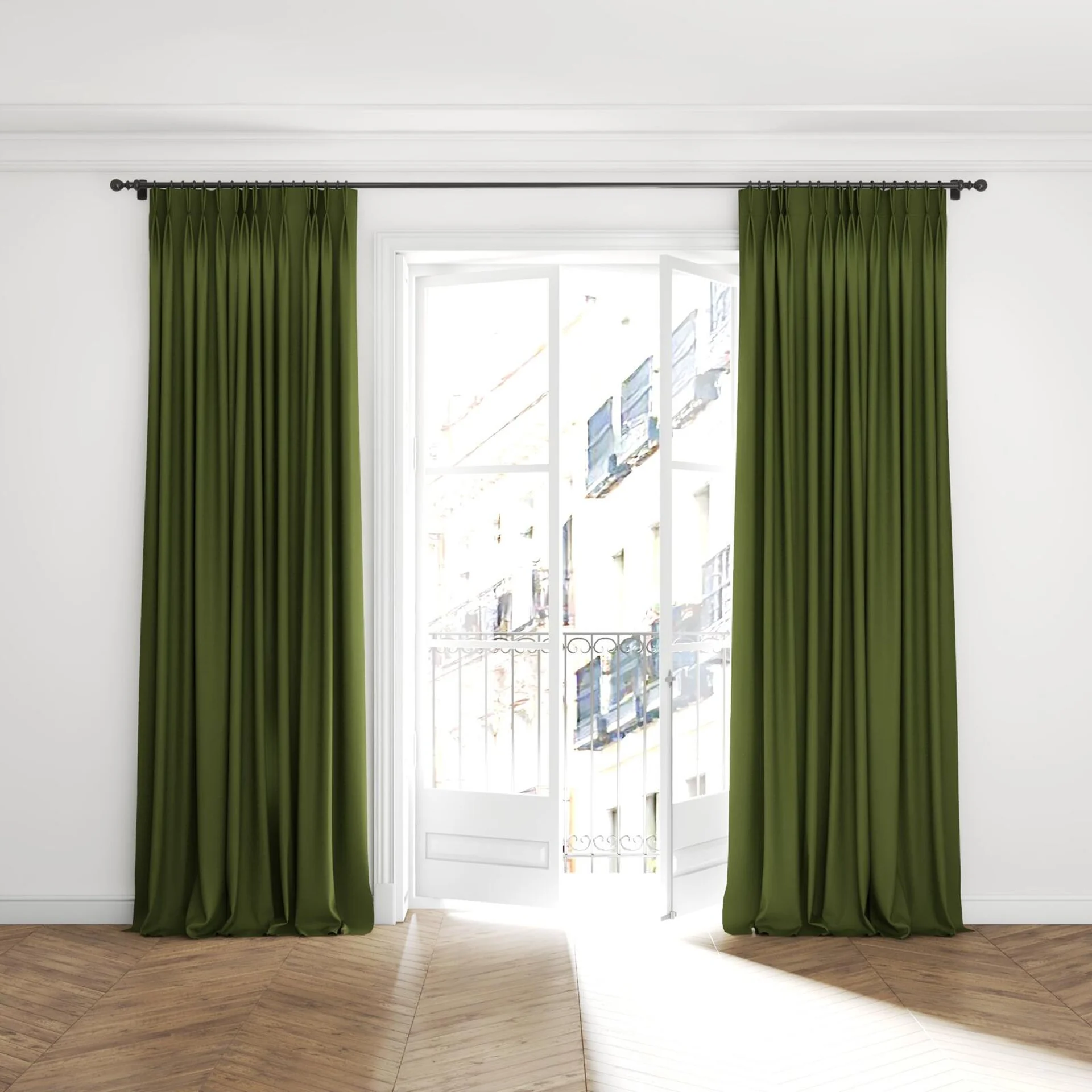 Full view of Luxo Hunter, puddled with pinch pleat, on curtain rod