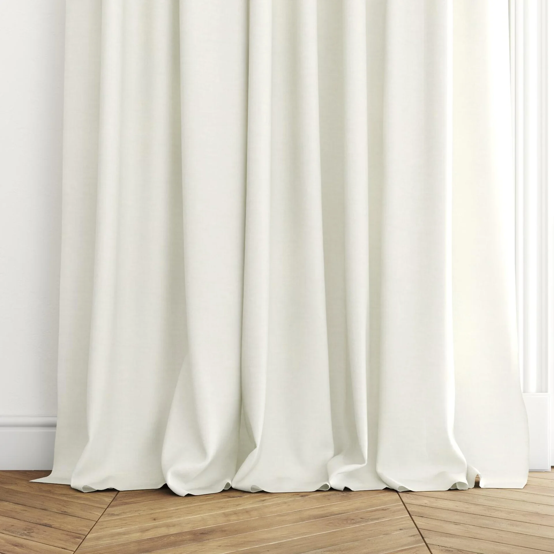 Bottom view of Arcadia Ecru, puddled with pinch pleat, on curtain rod