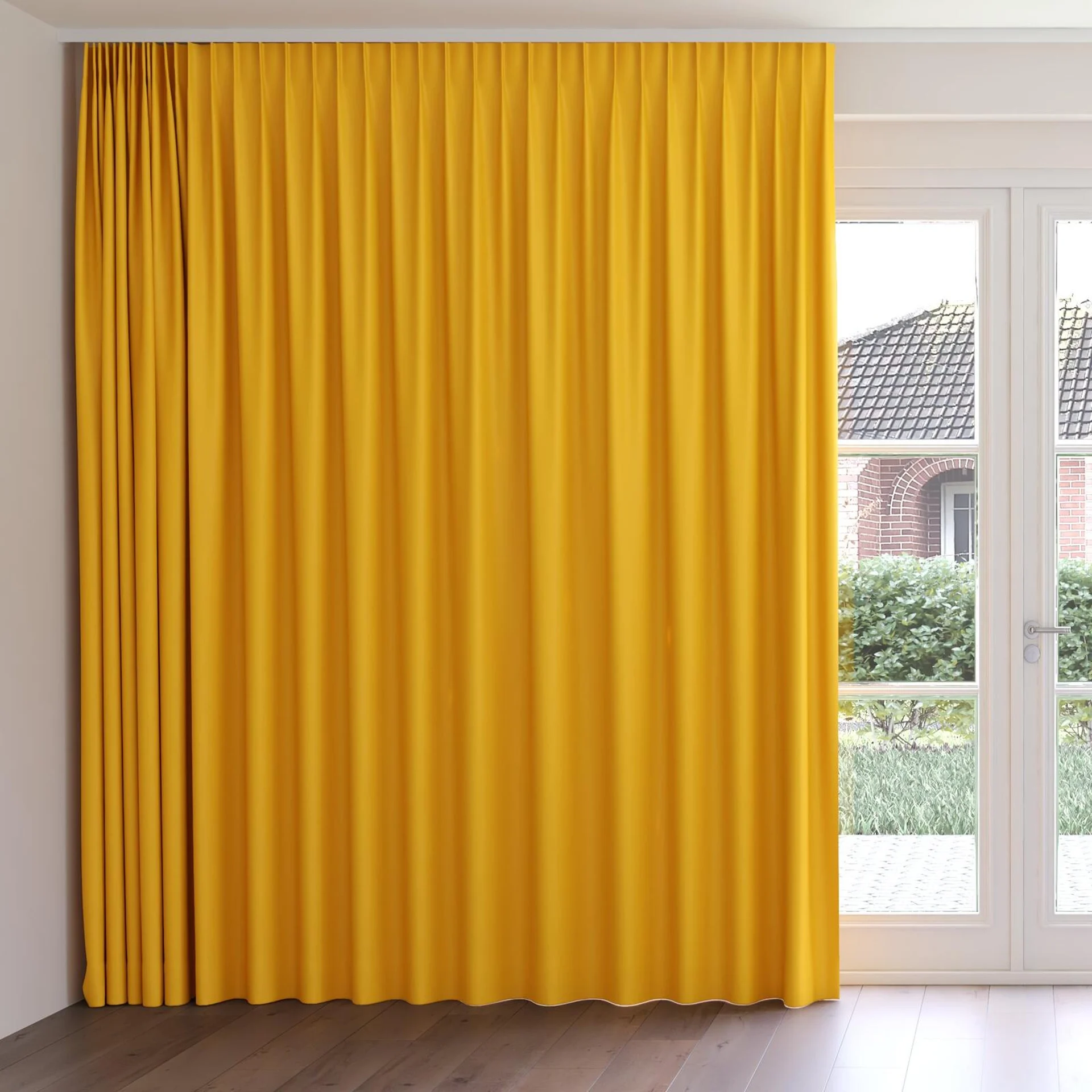 Front view of Ultra Dim Honey, on curtain rail