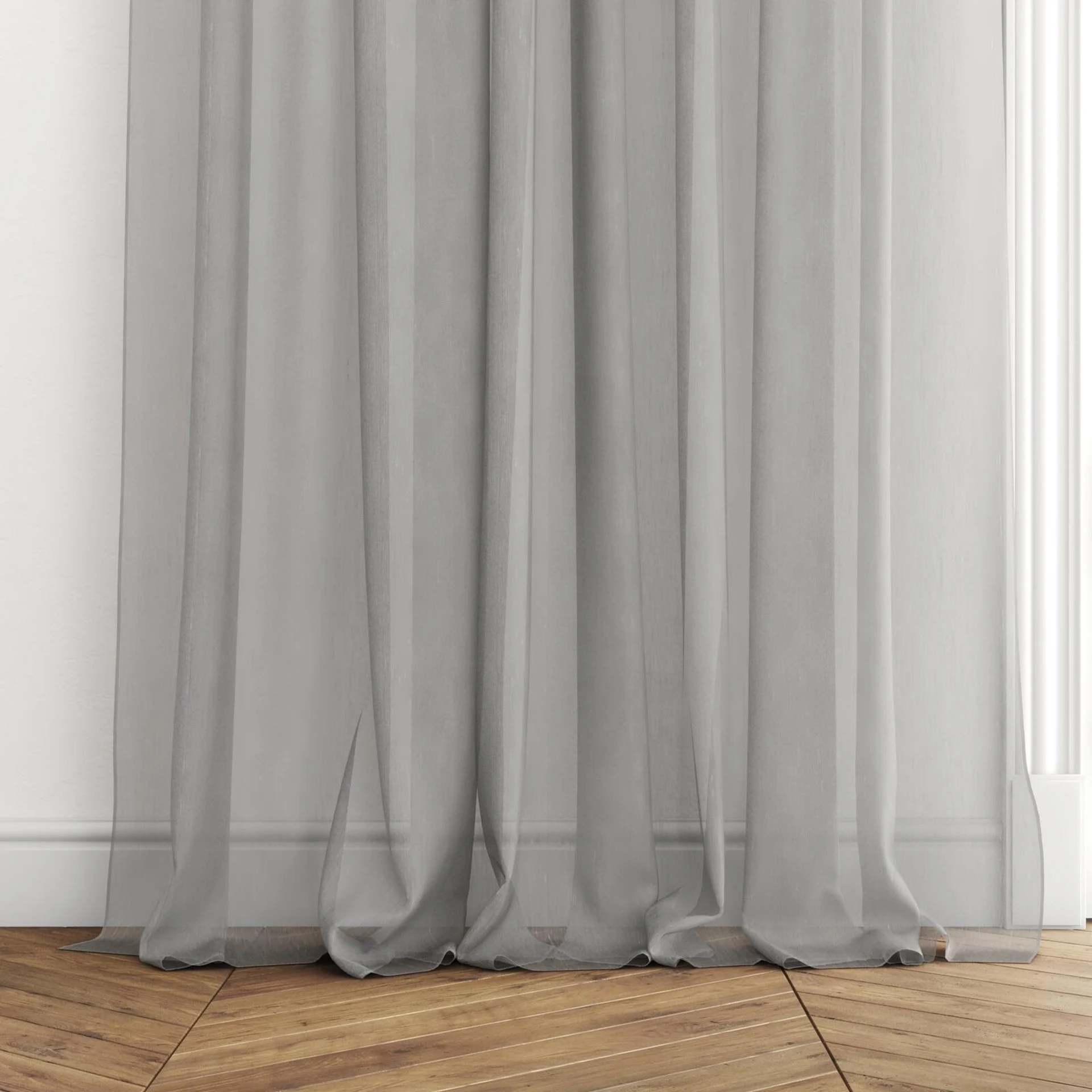 Bottom view of Aurora Smoke, puddled with pinch pleat, on curtain rod