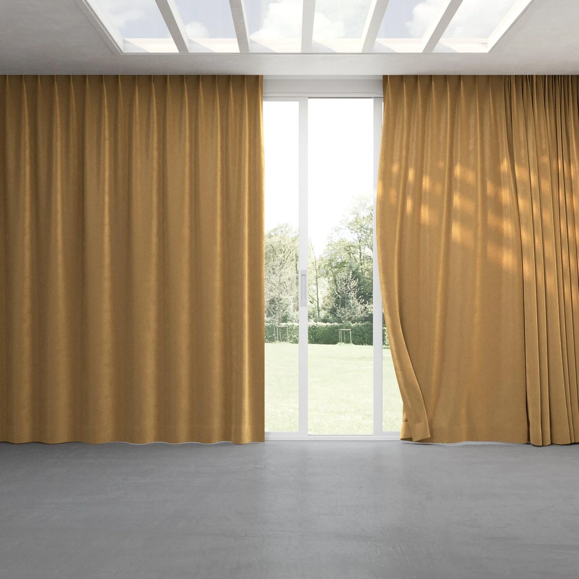 Full view of Velvelux Camel, pinch pleat