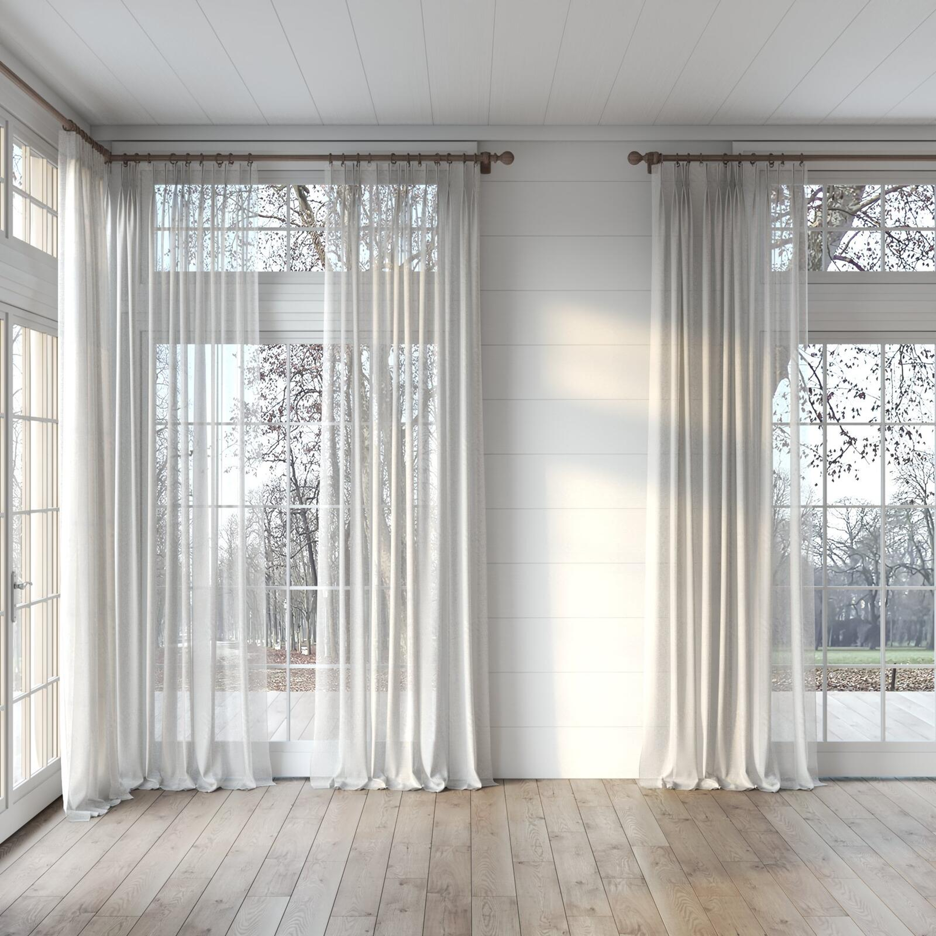 Full view of Lino Silver Birch, puddled, on curtain rod