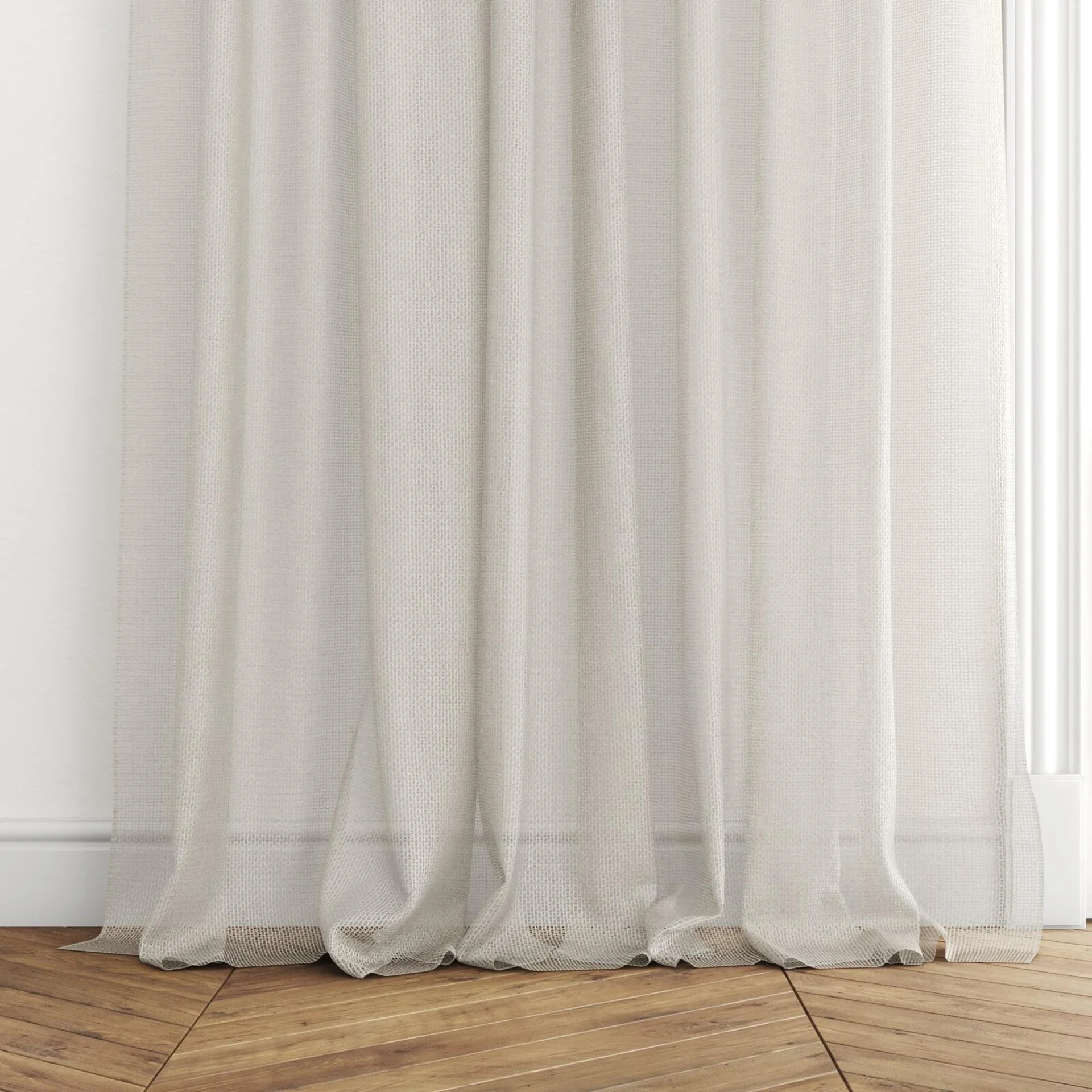 Bottom view of Cosmos Linen, puddled with pinch pleat, on curtain rod