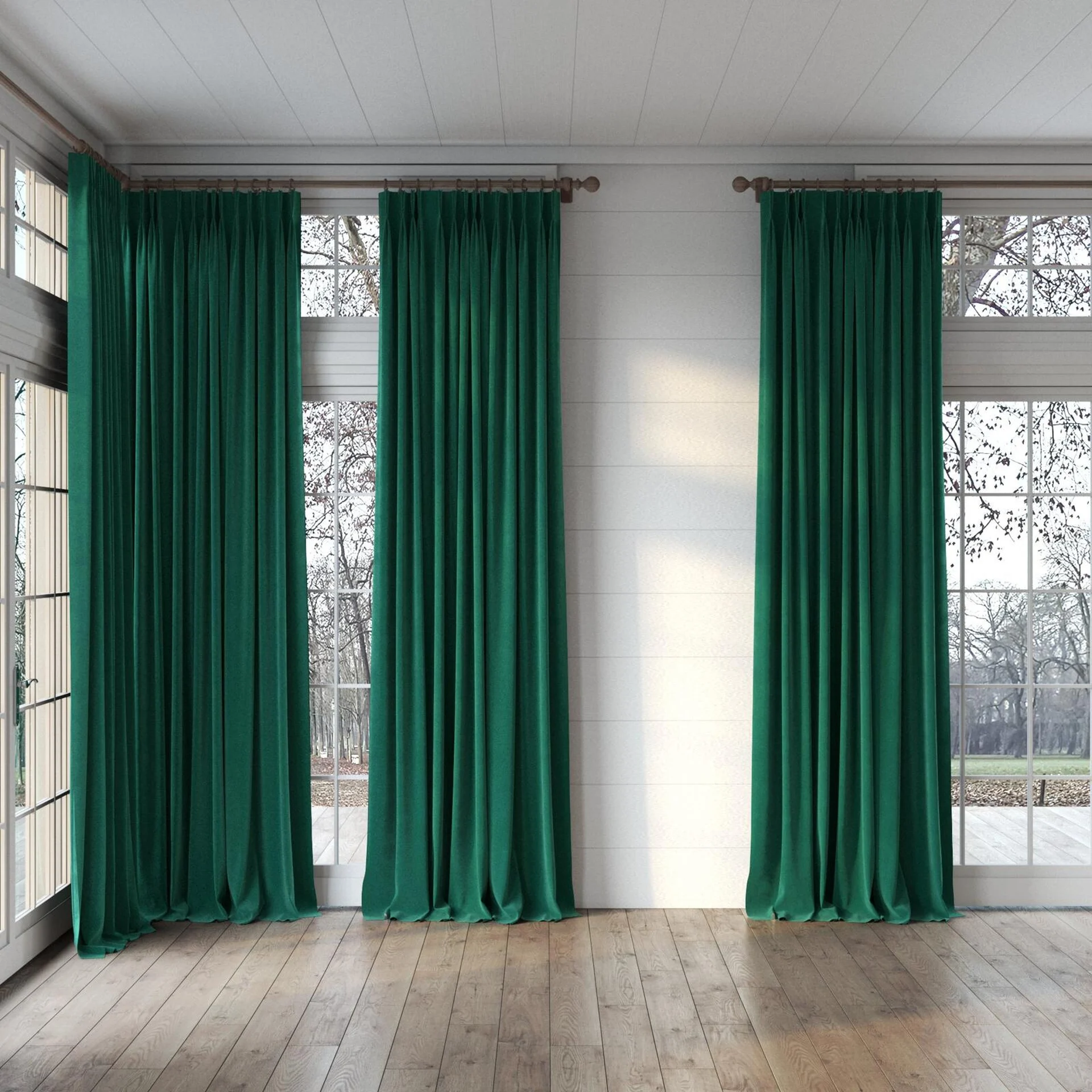 Full view of Moon Emerald, puddled, on curtain rod