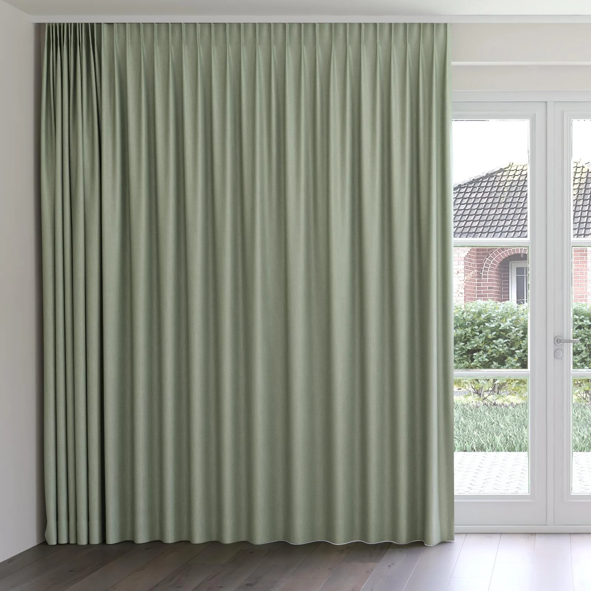Front view of Gent Celadon, on curtain rail