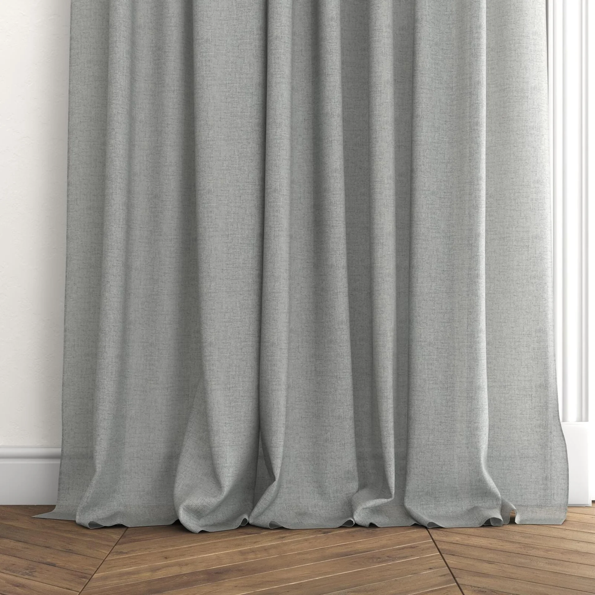 Bottom view of Rava Smoke, puddled with pinch pleat, on curtain rod