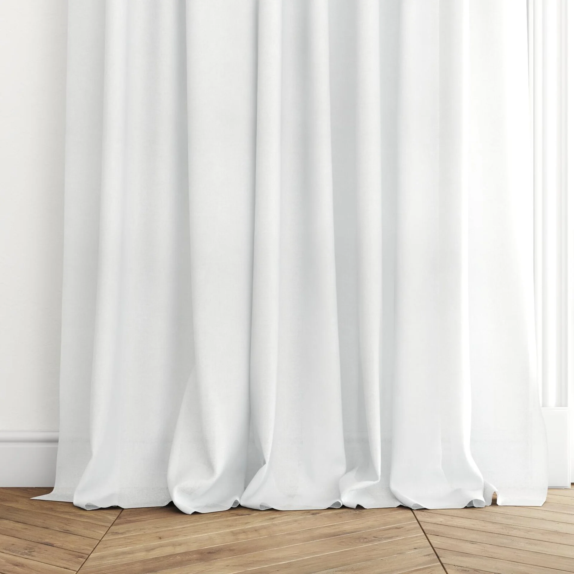 Bottom view of Open Snow, puddled with pinch pleat, on curtain rod
