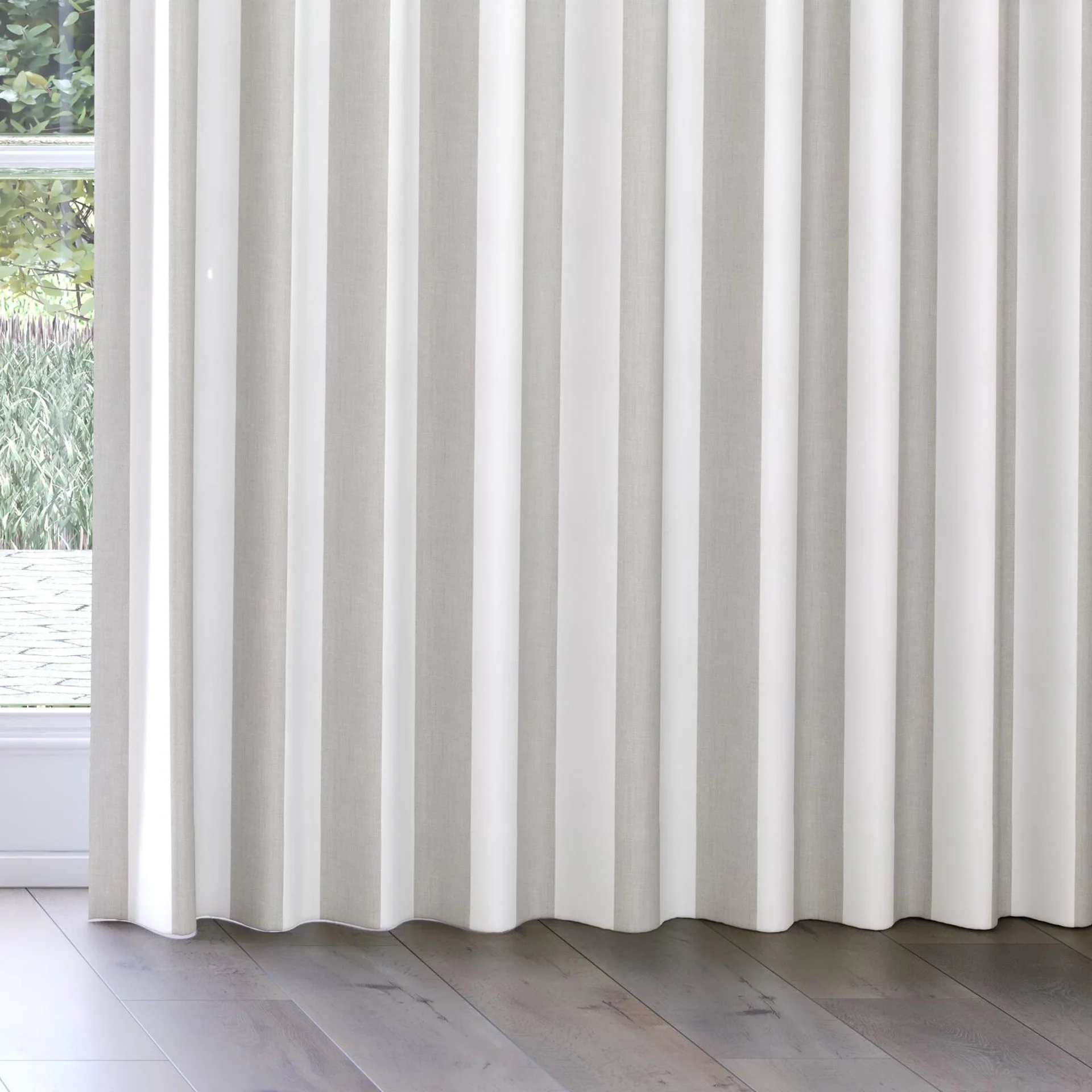 Bottom view of Chambray Bold Sepia, on curtain rail