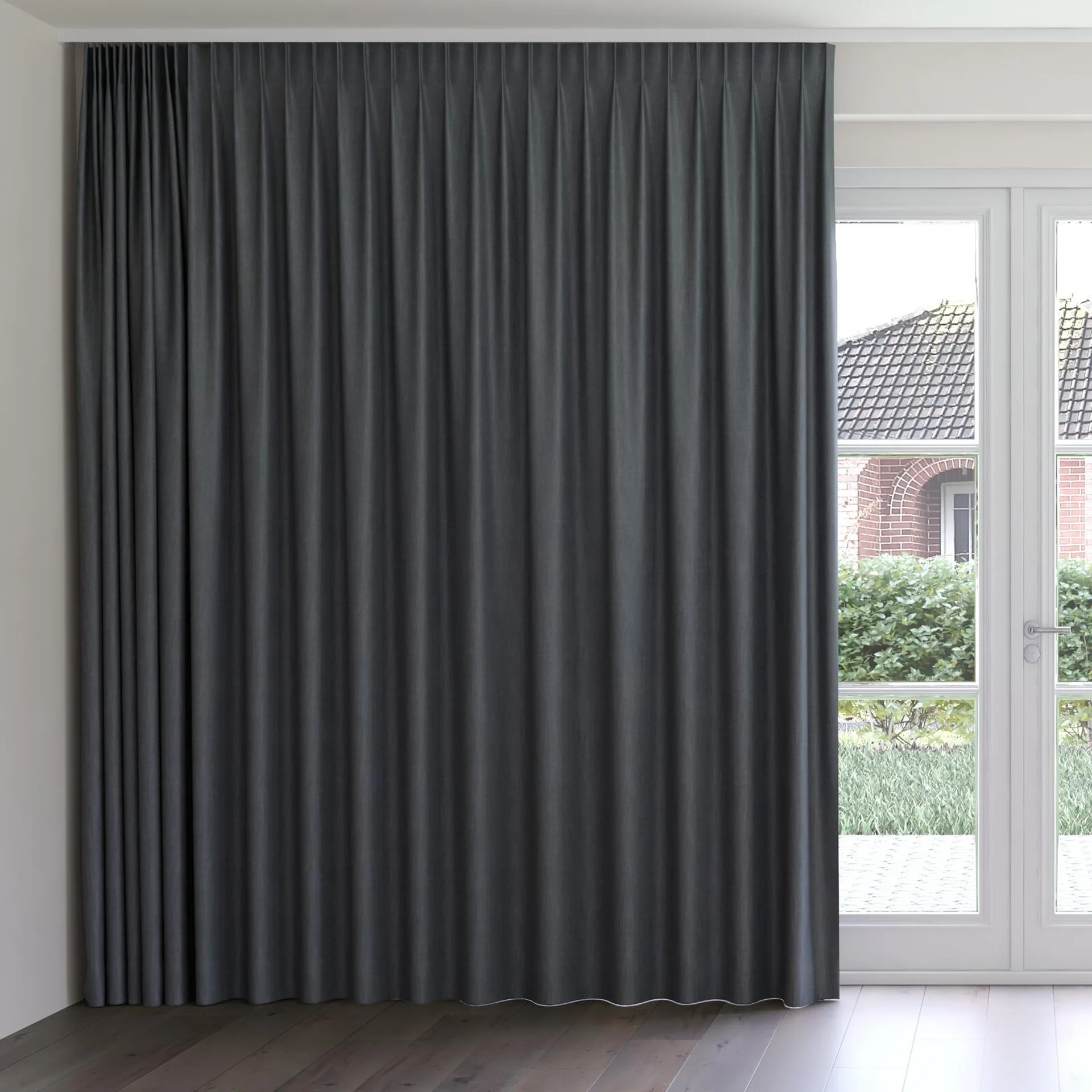 Front view of Kidglove Charcoal, on curtain rail
